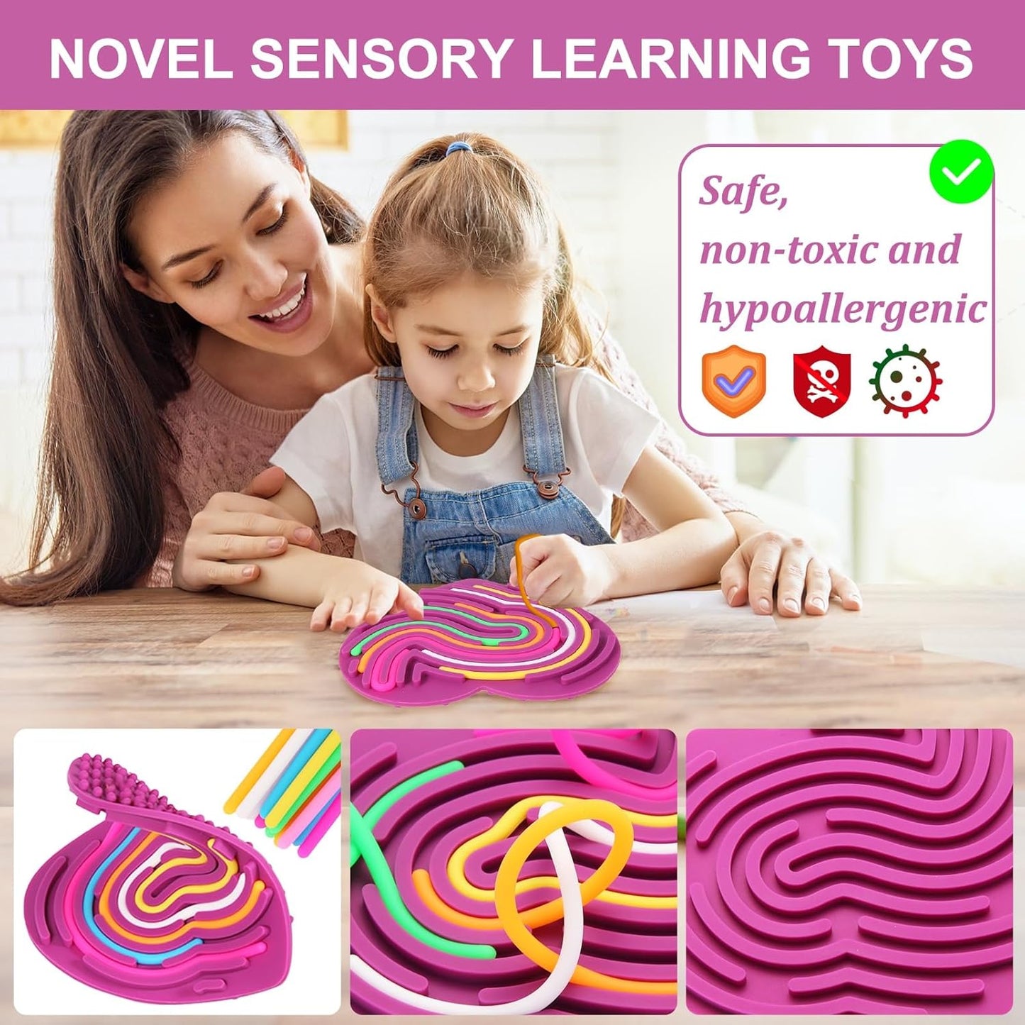 Sensory Activity Board - Double-Sided Silicone Fidget Toy Busy Board for Fine Motor Skill Silicone Calm Down Toy for Stress, Anxiety, ADHD & Autism, Kids 3+ & Adults Activities for Travel(Heart)