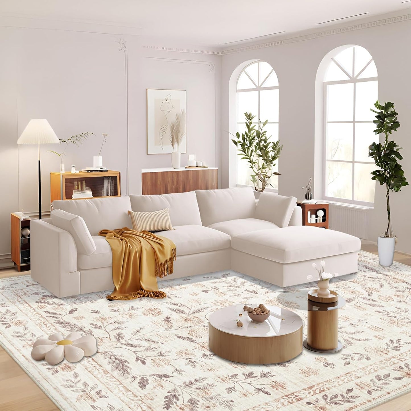 Rugs for Living Room 8x10 Rug, Washable Floral Boho Area Rug Non Slip Soft Low Pile Large Rugs for Bedroom Girls, Dining Room, Office, Kids Playroom(8'x10', Floral Beige)