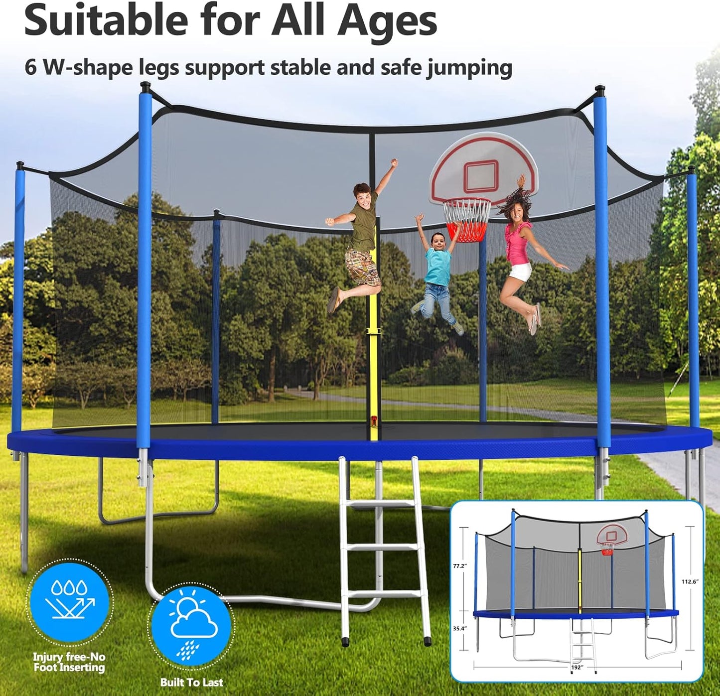 Upgraded 10/12/14/15/16FT Trampoline Outdoor, Large Kids Trampoline with Light, Stakes, Sprinkler, Backyard Trampoline with Basketball Hoop and Net, Capacity for 4-6 Kids and Adults