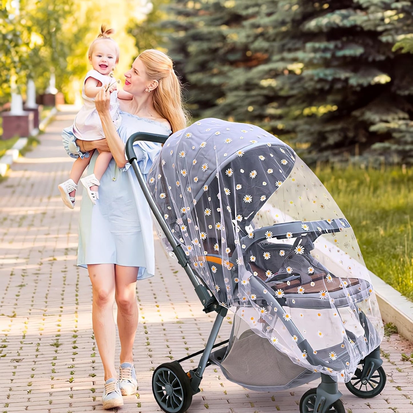 Baby Stroller Mosquito Net (2 Pack) - Durable Mesh Protection for Bassinets, Cradles, Playards, Pack N Plays & Portable Mini Cribs | Breathable Universal Fit Insect Barrier (Black + Daisy)