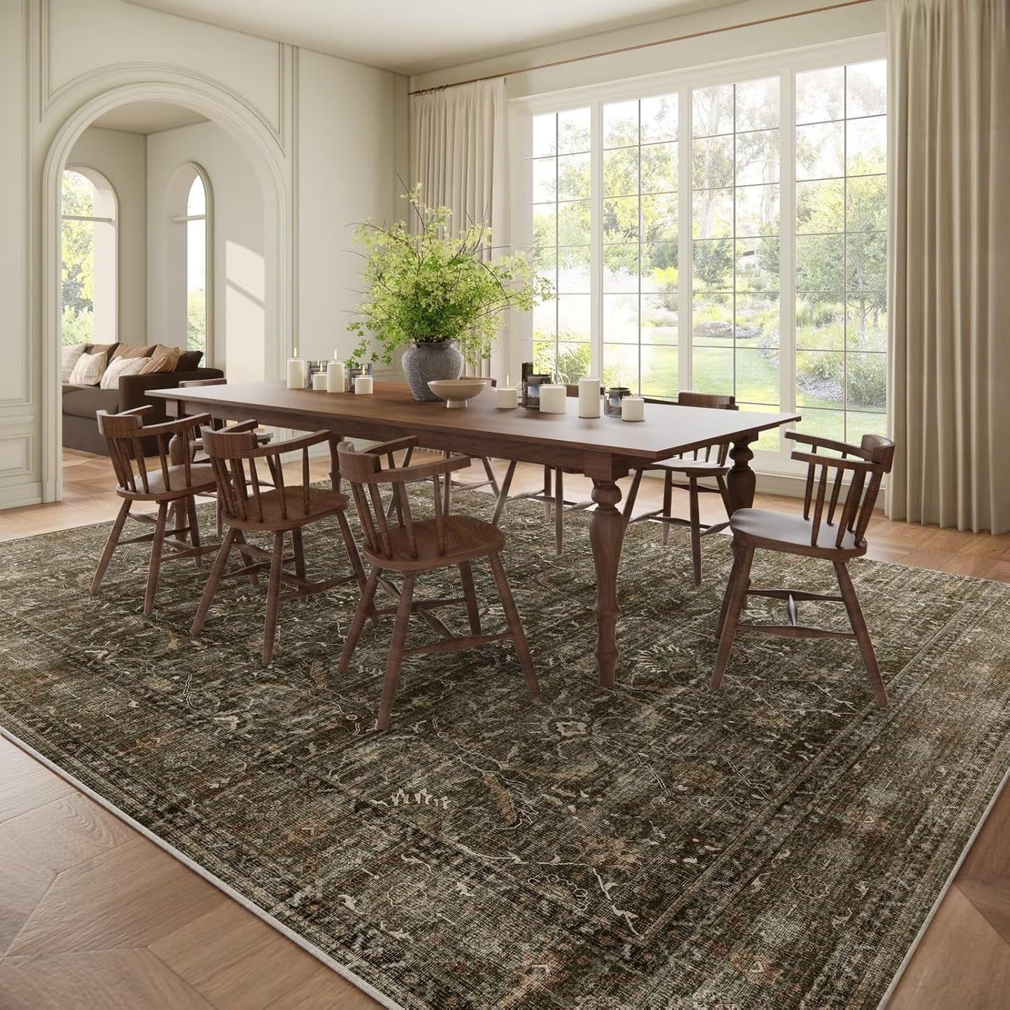 Washable 10x14 Area Rugs for Living Room, Boho Non-Slip Silicone Backing Rugs for Bedroom Dining Room Office, 0.3" Neutral Oriental Throw Carpet with 0.16" Cushioning Pad, Deep Brown/Multi