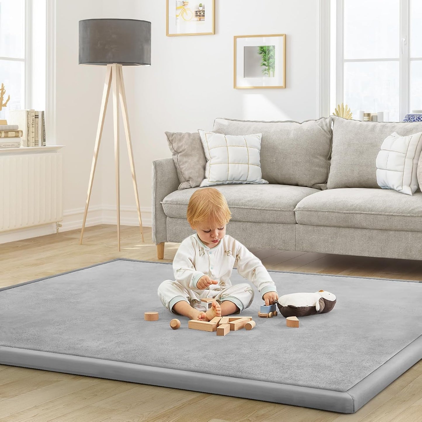 Baby Play Mat for Floor Tummy Time Nursery Muscle Area Rug Playroom Rug Tatami Mat 9'2"x6'7" Memory Foam 1.3" Thick Crawling for Babies,Toddlers, Infants, Kids(Light Gray)