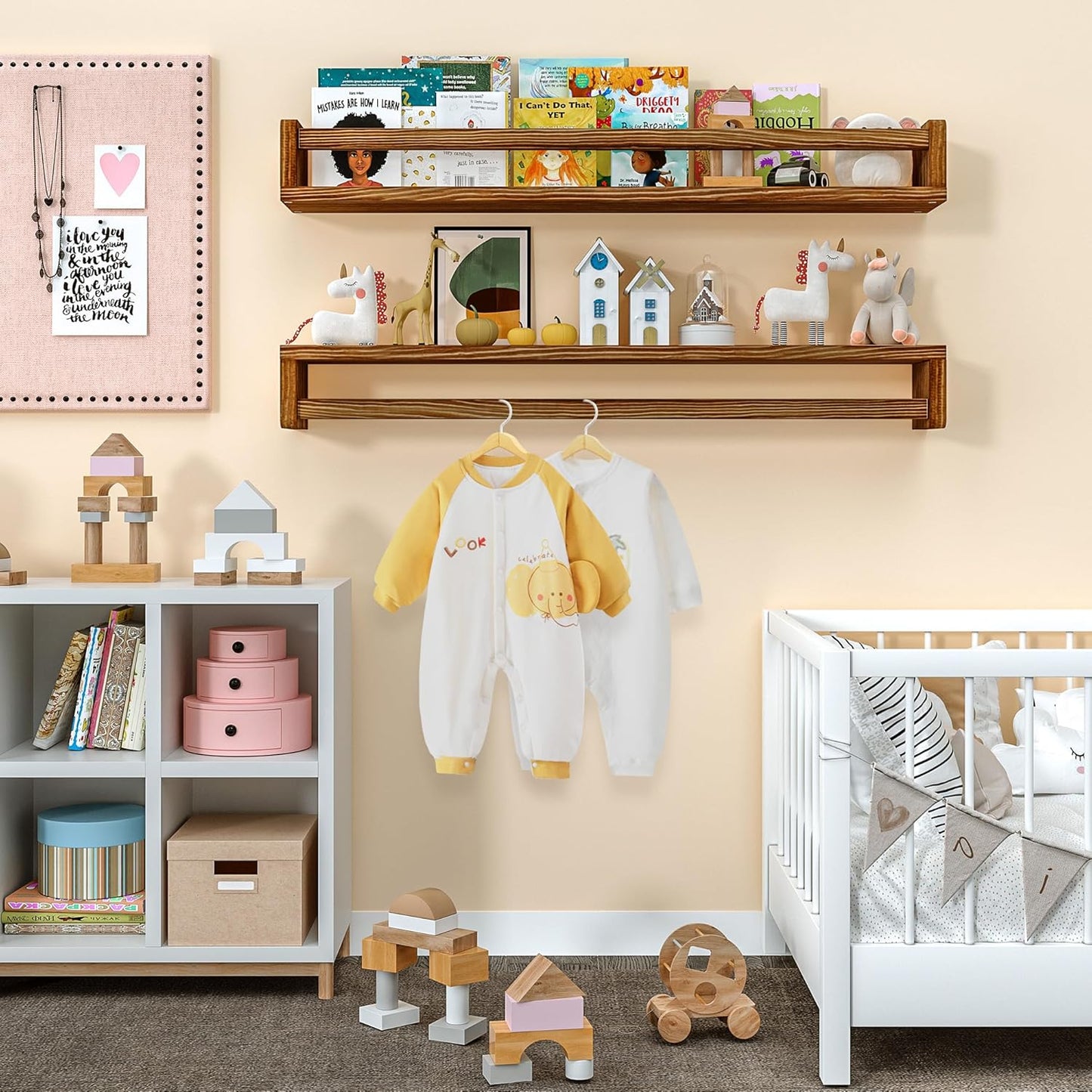Heimlove 32 Inch Nursery Floating Shelves, Nursery Book Shelves for Wall, Wall Bookshelf for Kids Solid Wood Wall Mounted Shelves for Books,Toys and Decor Storage, Set of 2