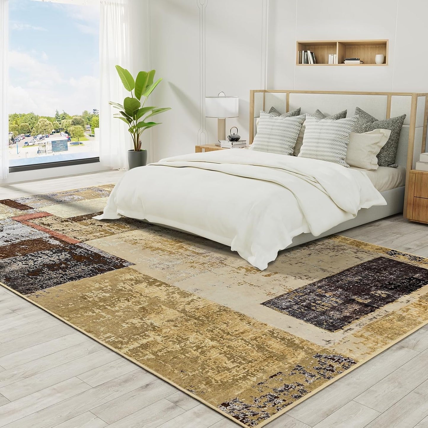 LOCHAS Rug for Living Room, Washable Soft Area Rugs for Bedroom 6x9, Abstract Carpet for Indoor Office Kids Dining Room Nursery Floor, Khaki Geometric Vintage Home Decor, Non Slip, Pet Child Friendly