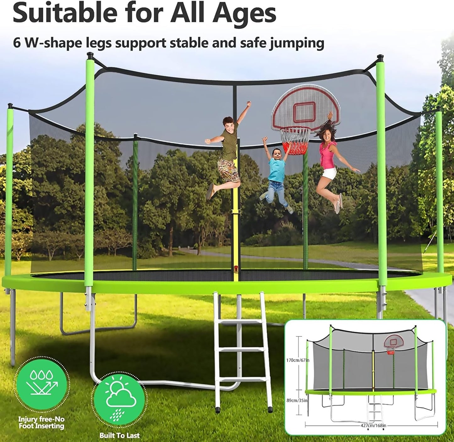 Upgraded 10/12/14/15/16FT Trampoline Outdoor, Large Kids Trampoline with Light, Stakes, Sprinkler, Backyard Trampoline with Basketball Hoop and Net, Capacity for 4-6 Kids and Adults