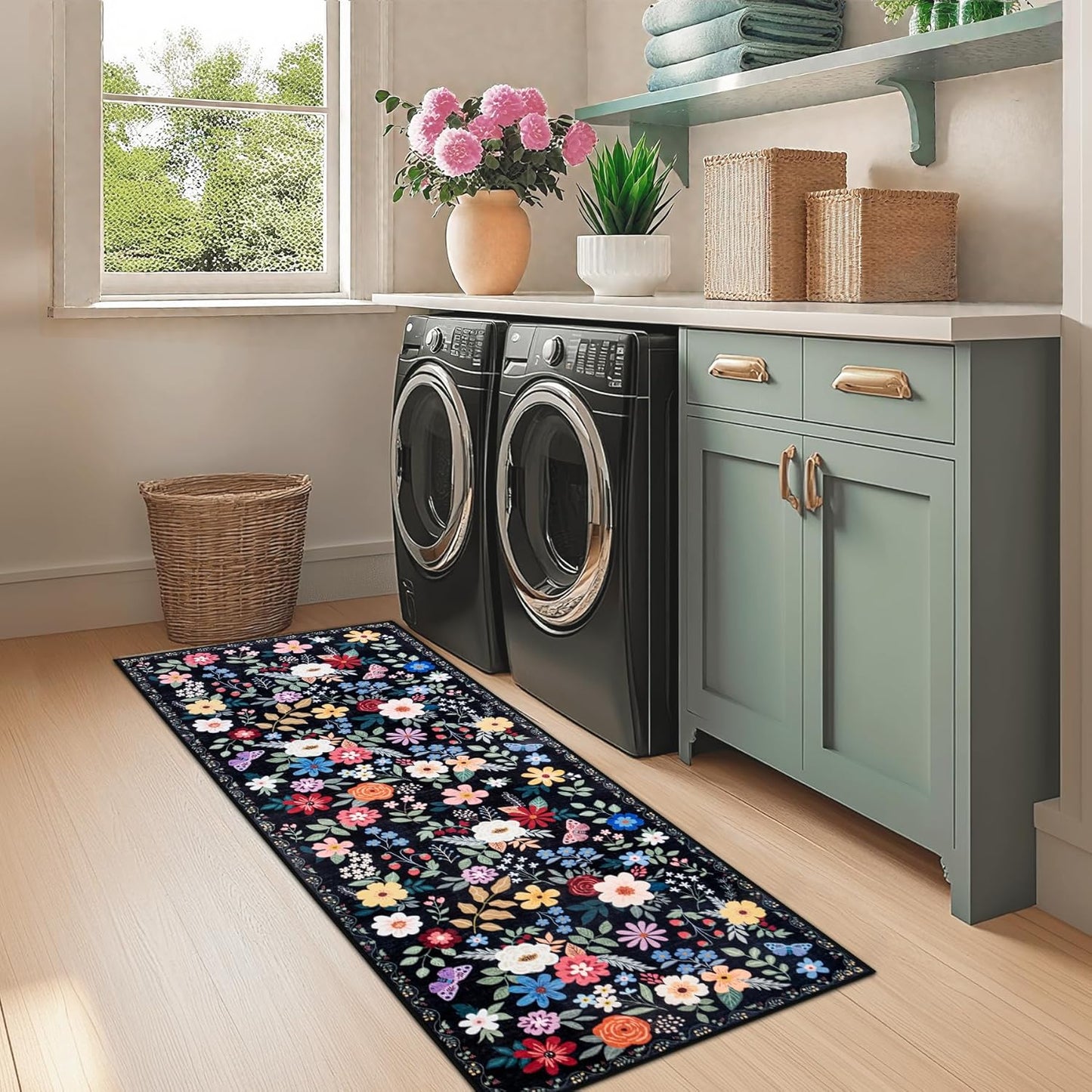 Runner Rug for Entryway: 2.6x8 Kitchen Rugs Non Slip Washable Ultra-Thin Soft Floral Carpet Indoor Floor Stain Resistant Carpets for Hallway Bedroom Kitchen Laundry Bathroom Dorm Black