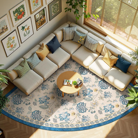 jinchan Floral Corner Rug for Living Room Washable Bedroom Rug Vintage Romance Design Non Slip Quarter Circle Lightweight Low-Pile Throw Carpet for Reading Nook Playroom,7ft Radius, Blue/Beige
