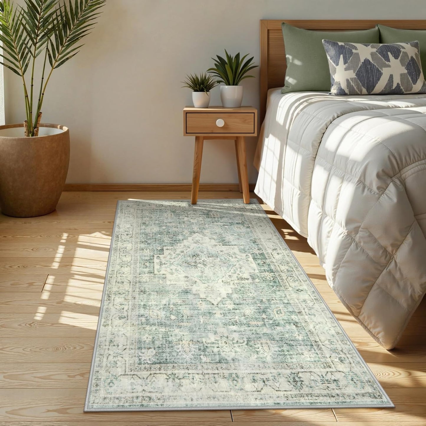 LIVEBOX Entryway Rug 3x5 Washable Area Rugs for Kitchen Bathroom, Non-Slip Front Door Mat for Bedroom, Boho Low-Pile Carpet Farmhouse Throw Indoor Mats for Bath Laundry Room, Sage Green