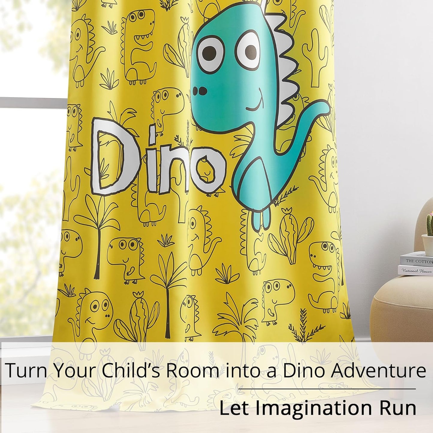 Dinosaur Blackout Curtains for Kids Room - 2 Panels, Each W52×L84, 100% Blackout, Thermal Insulated, Noise Reducing, Perfect for Kids Room and Nersury
