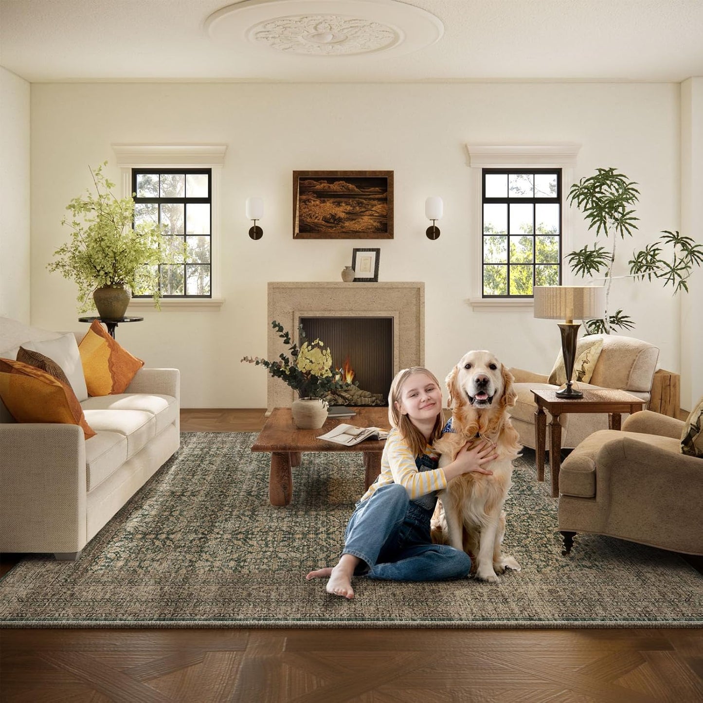 Machine Washable Rugs for Living Room: 8x10 Area Rugs Boho Vintage Rugs Stain Resistant Non Slip Low Pile Soft Lightweight Carpet for Bedroom Kitchen Dining Room Nursery Kids Room Farmhouse