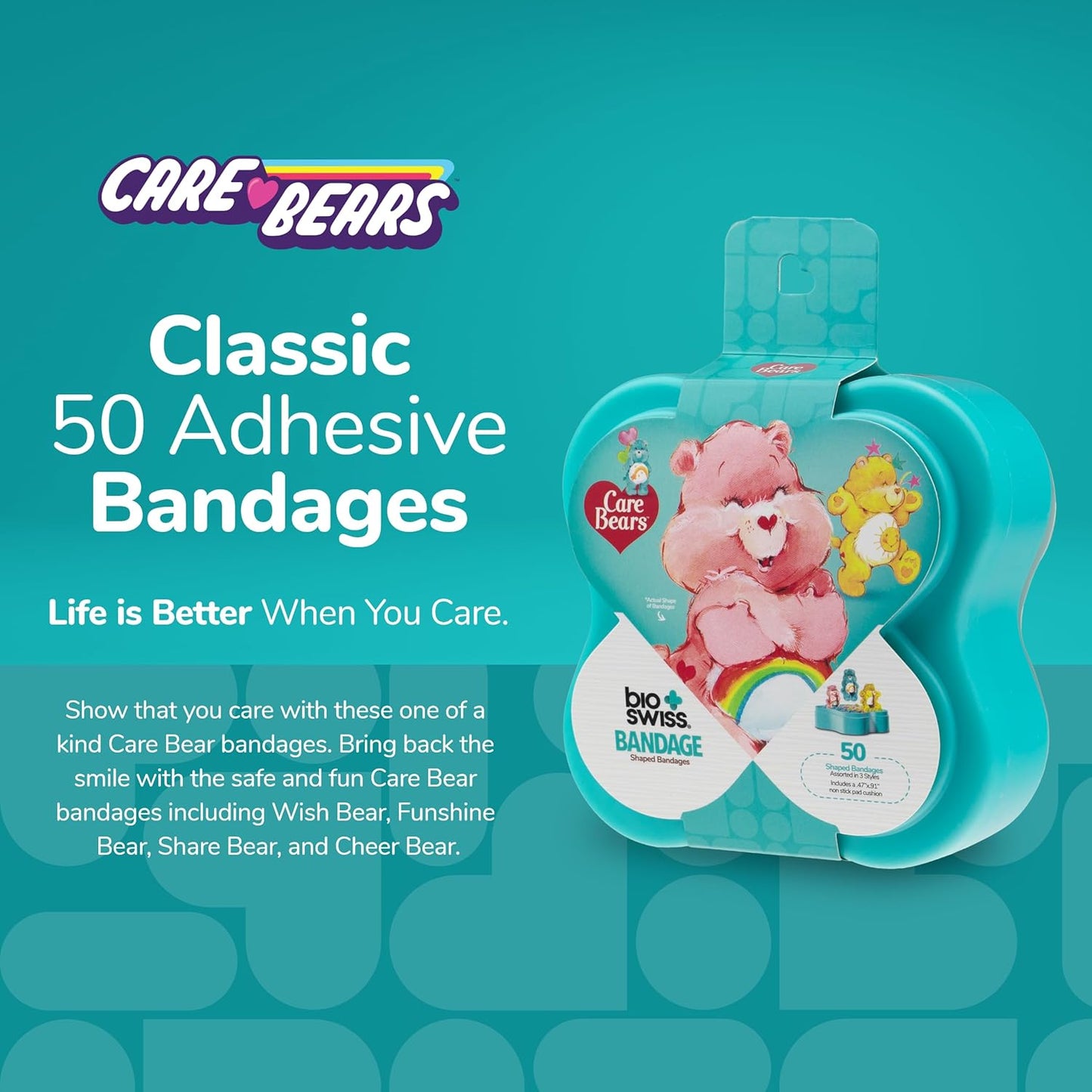 BioSwiss Care Bears Bandages, Classic Care Bear Shaped Self Adhesive Bandage, Latex Free Sterile Wound Care, Fun First Aid Kit Supplies for Kids, 50 Count