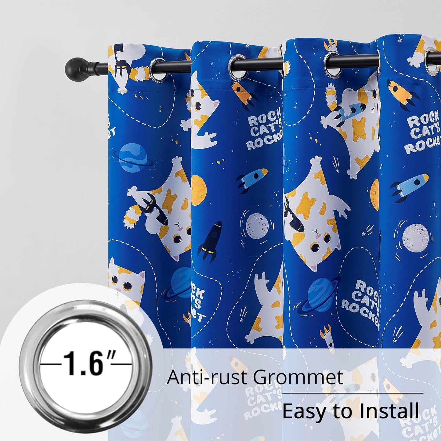 Kids Blackout Curtains - Space Cat Design, 100% Blackout, 2 Panels, Each W52×L63, Thermal Insulated Curtains for Bedroom, Noise Reducing, Combine Functionality with a Fun and Creative Design