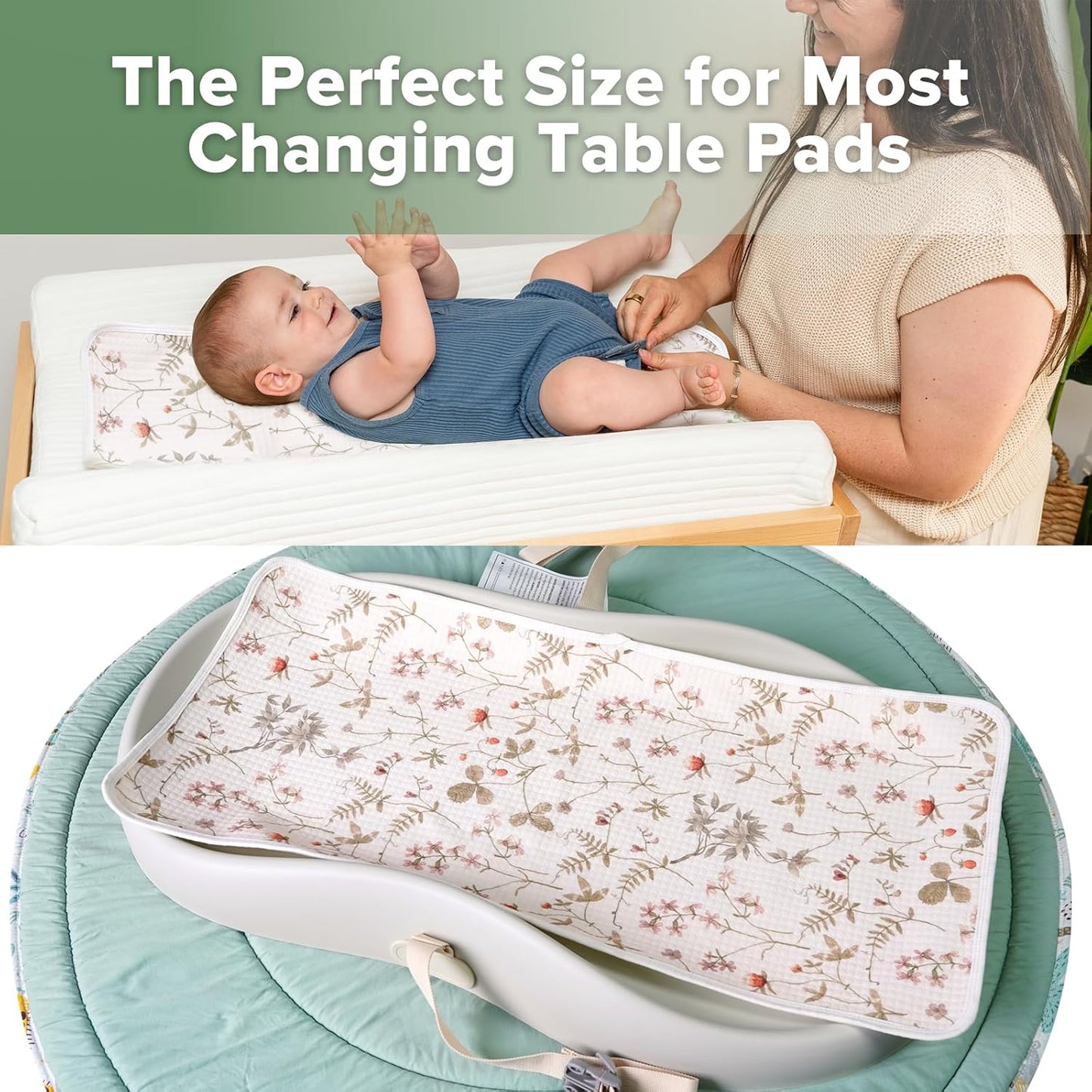 haakaa Waterproof Changing Pad Liners, 100% Cotton, Soft & Breathable (2pcs, 13" x 27.5" Honey Blossom+Vintage Garden)