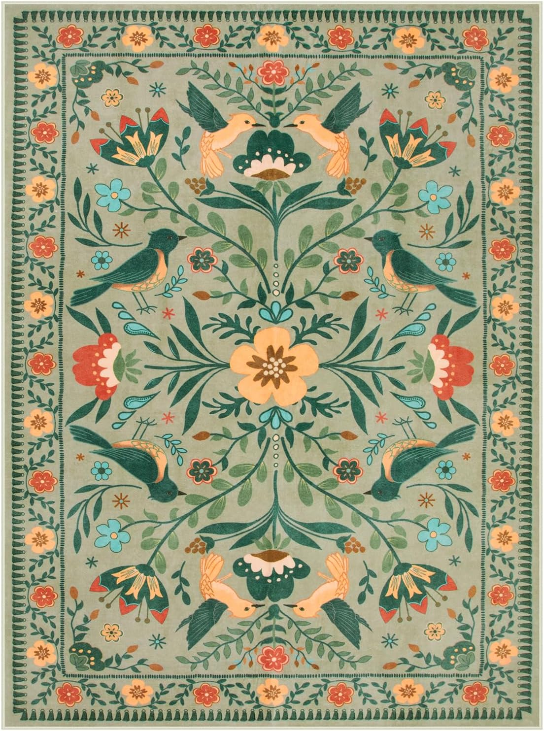 Moynesa Area Rugs 9x12 Living Room Washable, Ultra Thin Soft Boho Bird Bedroom Rug Easy Clean, Low Pile Indoor Multi Color Large Sage Green Carpet for Dining Room Kid Playroom Nursery