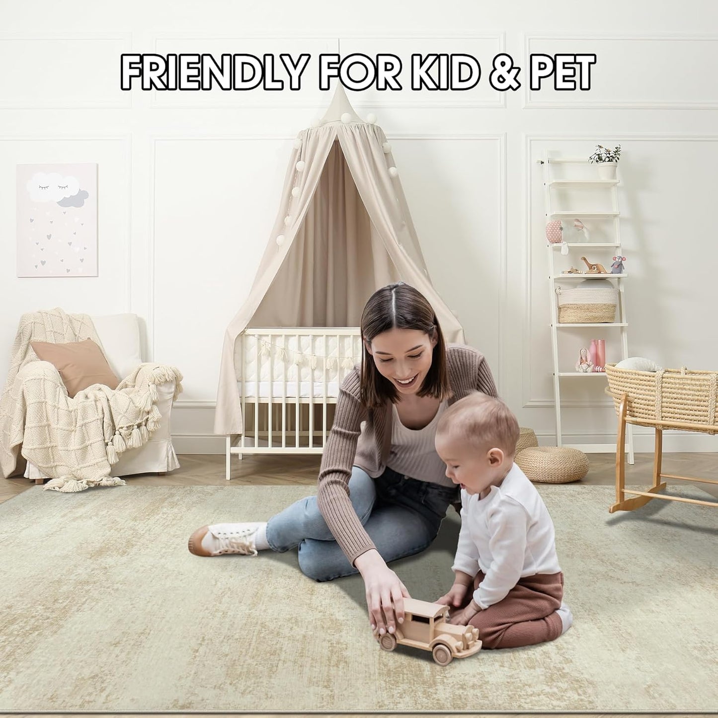 Washable Rug 6x9 Area Rugs, Abstract Large Living Room Rugs with Non-Slip Backing, Thin Carpet for Dorm Dining Room Table Nursery Indoor Home Office -Beige