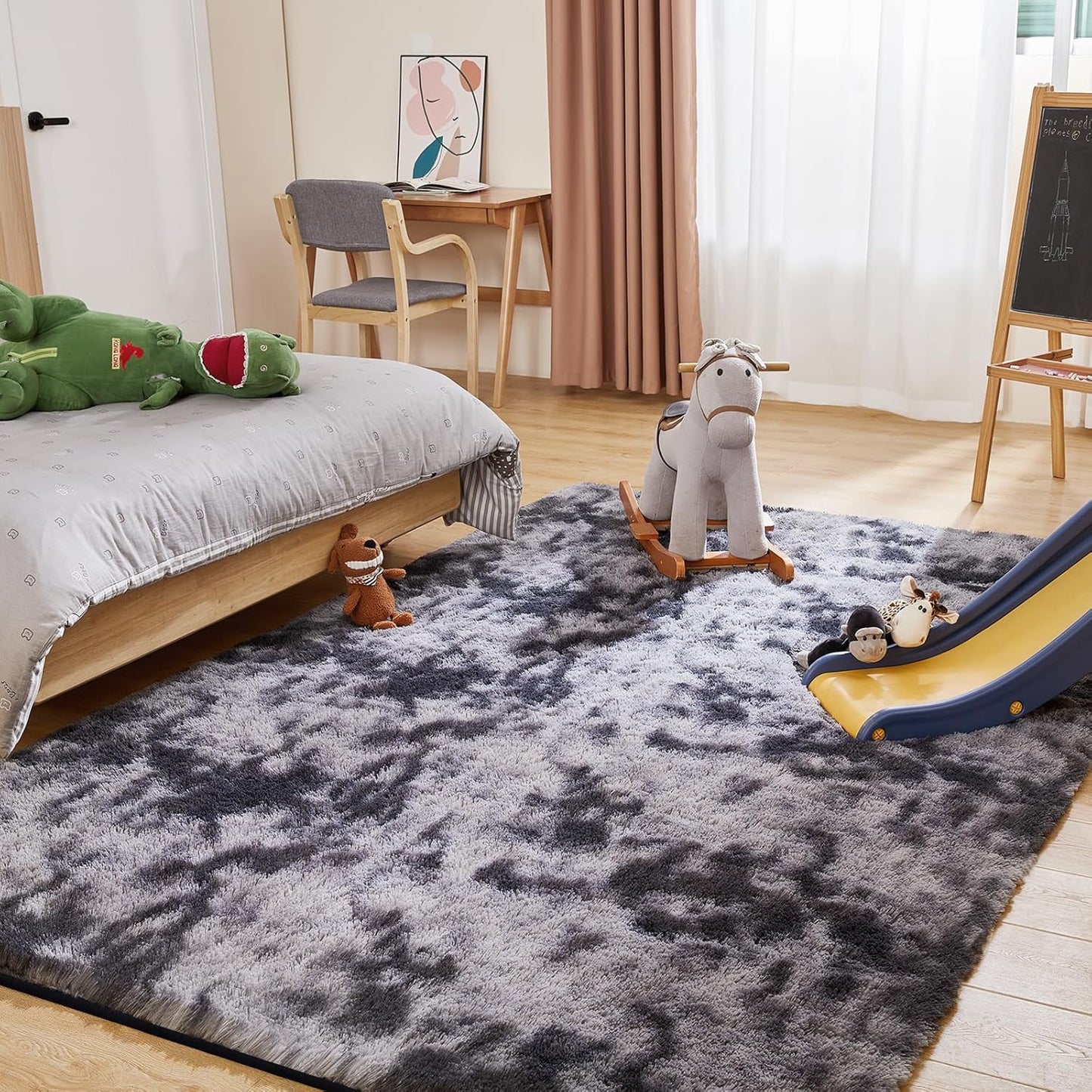 Ultra Soft Area Rugs for Living Room, 5x7 Tie-Dyed Dark Grey Fluffy Plush Rugs for Bedroom, Non-Slip Floor Carpet for Nursery Room, Bedside, Playroom, Corridor, Indoor Decor