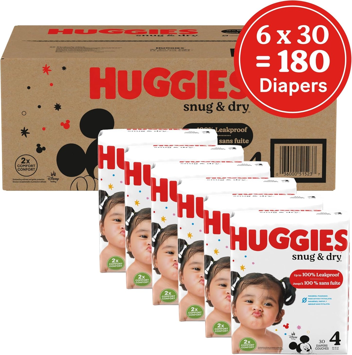 Huggies Size 4 Diapers, Snug & Dry Baby Diapers, Size 4 (22-37 lbs), 180 Count (6 Packs of 30), Packaging May Vary