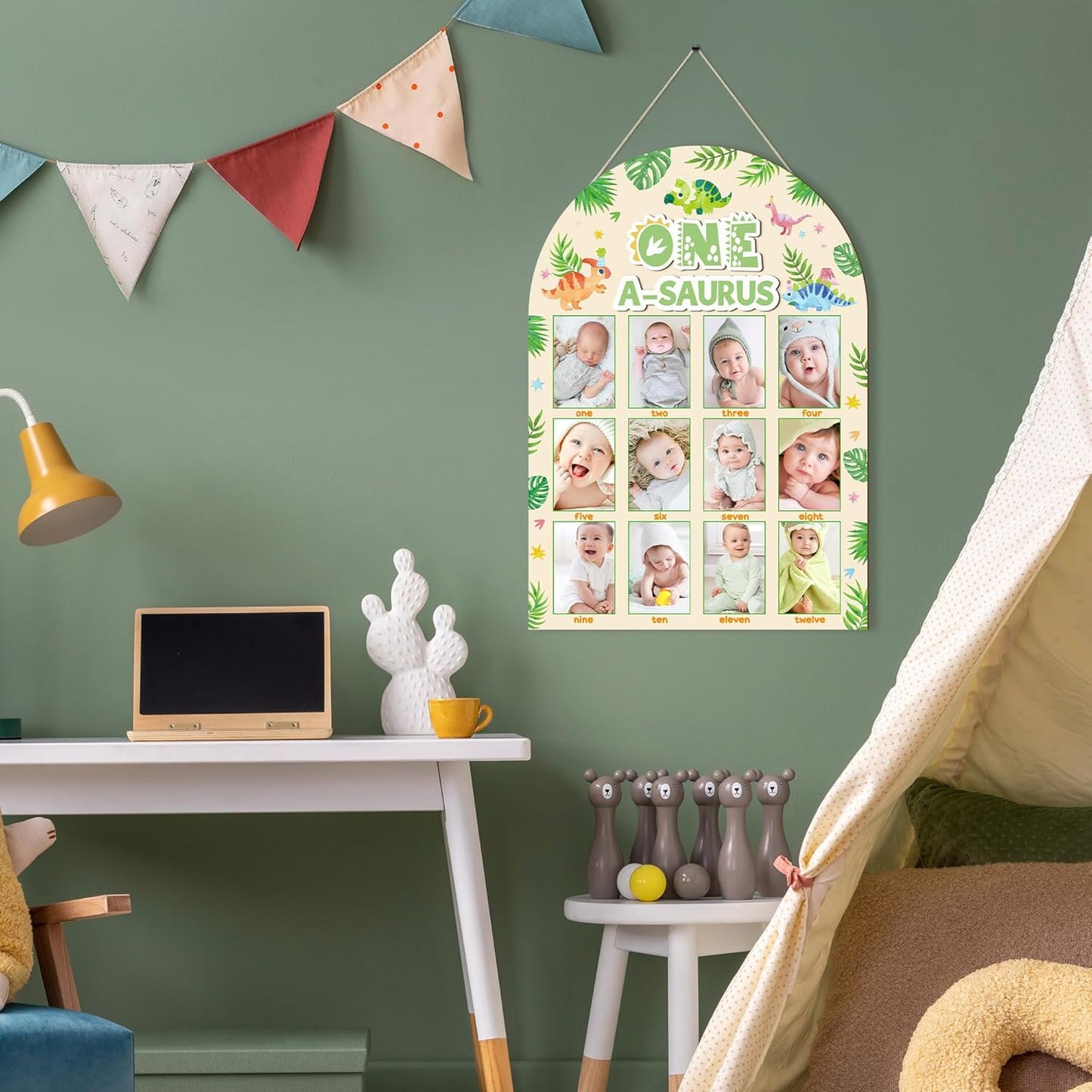 R HORSE My First Year Photo Frame Board, 3D One a Saurus Birthday Decorations Display Wood Board, Dinosaur Themed Baby First Year Picture Frame 12 Months Milestone 1st Birthday Nursery Decor Gift