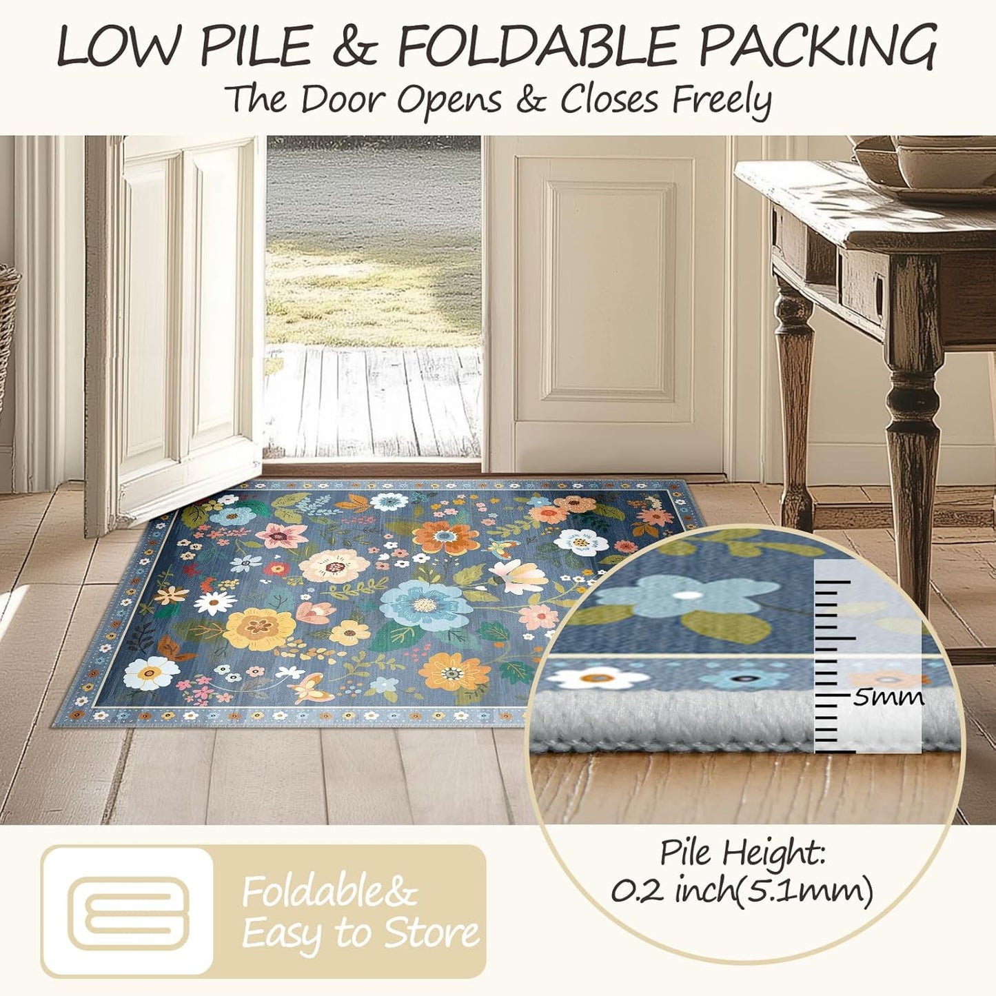 Floral 4x6 Area Rug Machine Washable Soft Print Boho Carpet Non Slip Doormat Low Pile Flower Area Rugs for Living Room Bedroom Nursery Kitchen Dining Room Indoor-Blue/Grey