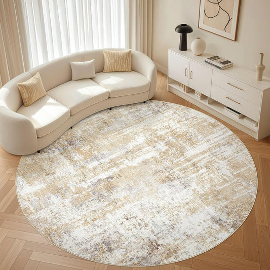 Round Rug Living Room Rugs: 8Ft Washable Circle Large Abstract Modern Soft Stain Resistant Non Slip Indoor Floor Carpet for Bedroom Nursery Office Dining Room Dorm Home House Decor- Gray Gold
