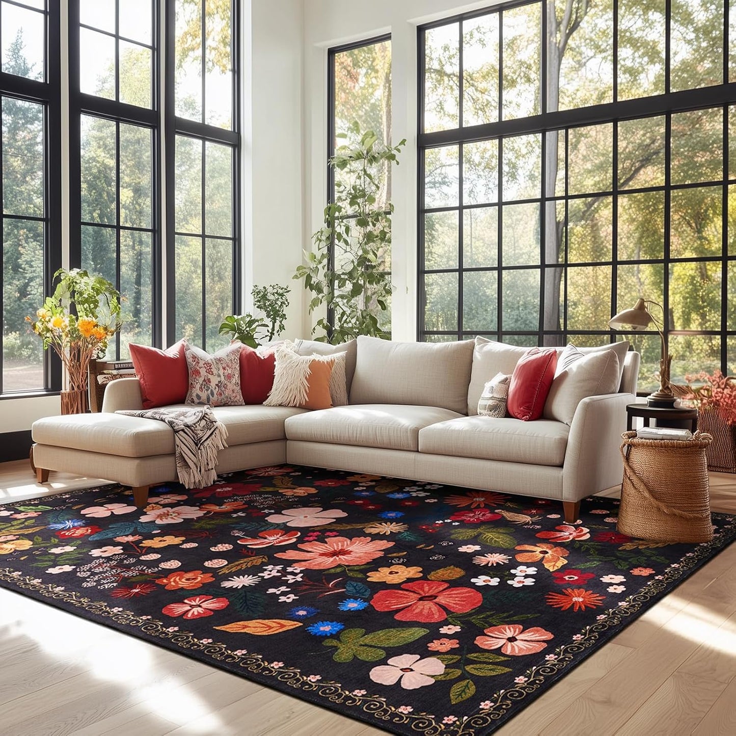 6x9 Living Room Rug Machine Washable Soft Faux Fur Low Pile Vintage Floral Modern Carpet Rugs Boho Non Slip Sound Absorbing Big Area Rugs for Bedroom Office Patio Dining Room Nursery Kids Room,Black
