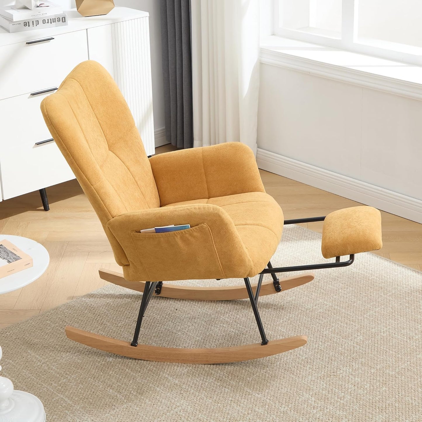 KEEZY Rocking Chair Nursery,Upholstered Glider Chair Padded Seat with High Backrest,Reading Chair,Armchair Comfy Side Chair for Living Room Bedroom Offices (Yellow)