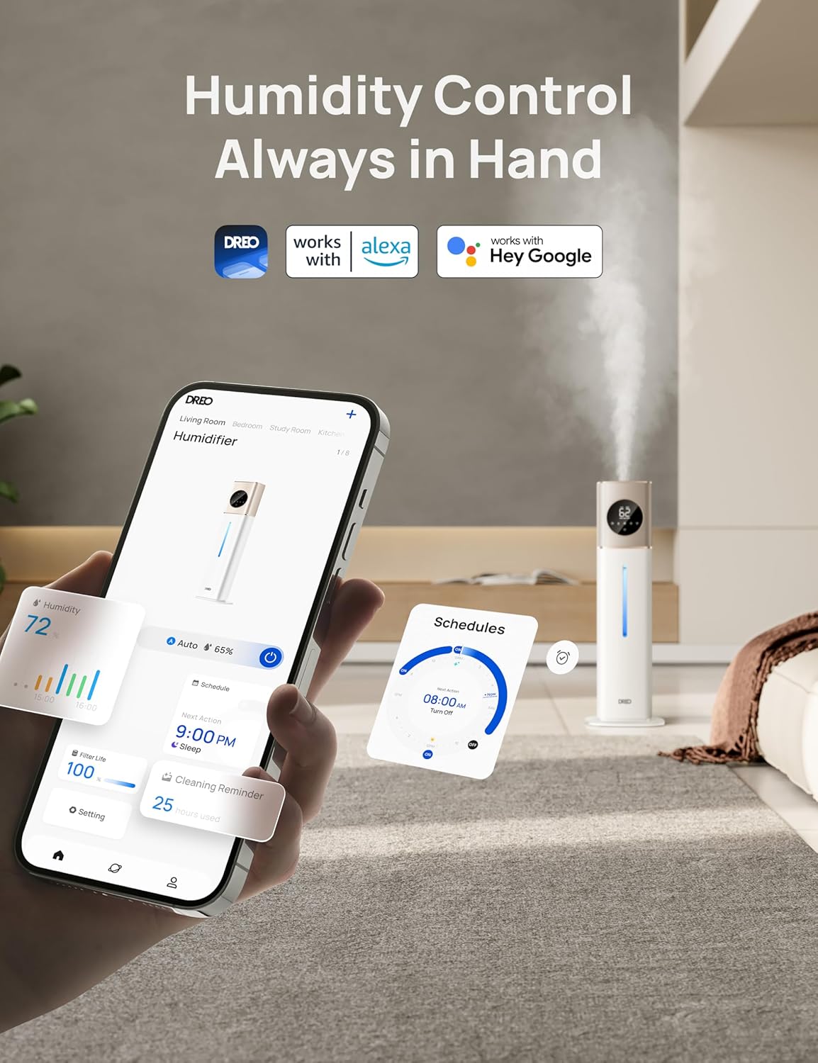 Dreo 11L Smart Humidifier Large Room 700 ft², 100H Cool Mist Air Humidifiers for Bedroom, Top-Fill Self-Cleaning Tank, 26dB, Auto Mode, Aroma Box, RGB Light, Remote & APP Control, Baby, Starlight