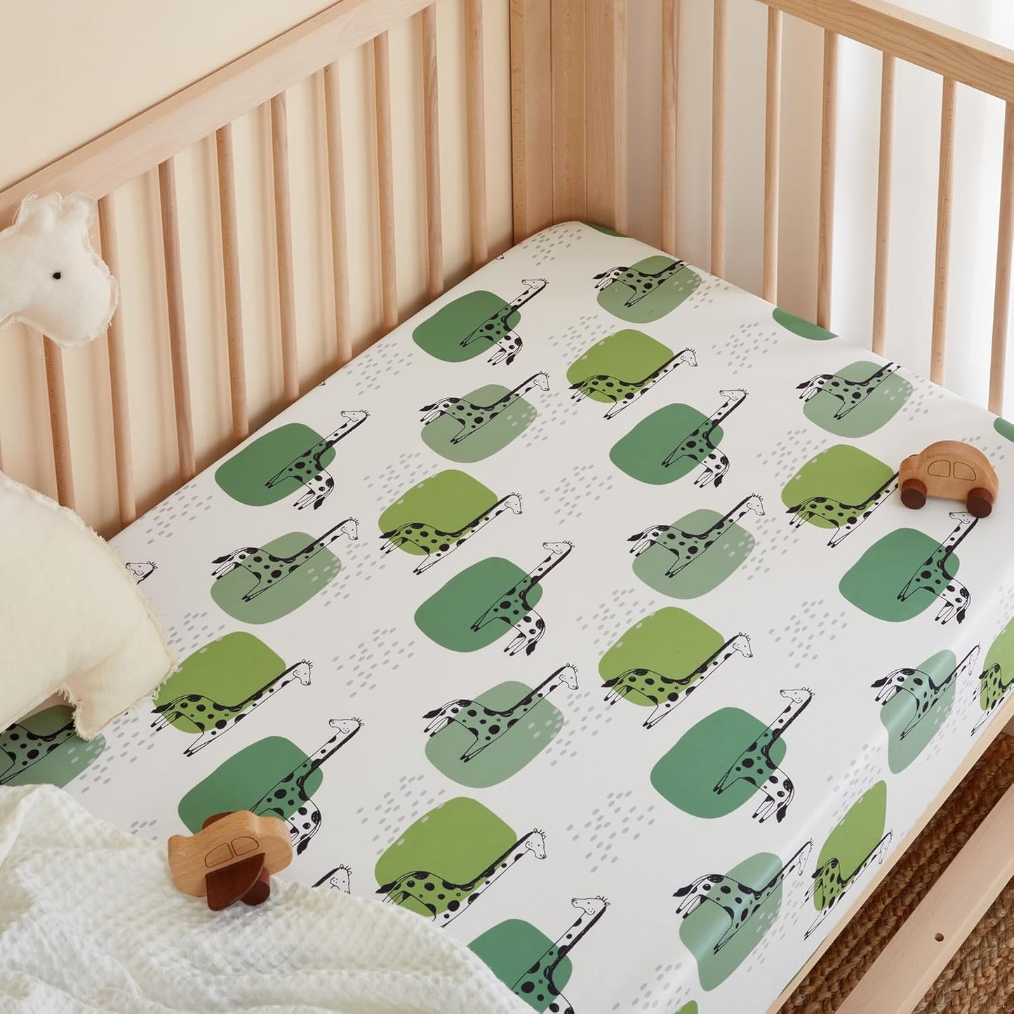 TILLYOU Baby Crib Sheets for Boys Girls, Super Soft Toddler Bed Sheets, 2 Pack Sheets for Standard Crib Mattress 28x52in, Green Giraffes