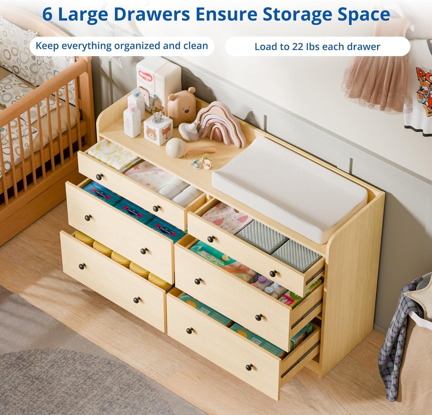 Cozy Castle Baby Dresser with 6 Drawers and Large Table Top, Multi-Functional Chest of Drawer, Drawer Dresser with Three-Sided High Rails for Nursery, Children's Room, Bedroom, Oak