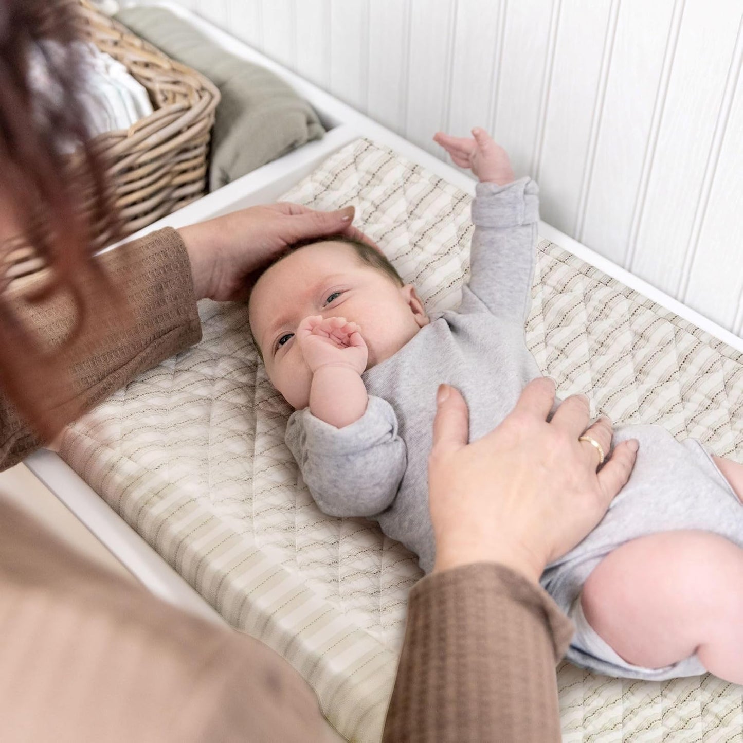 Crane Baby 100% Organic Cotton Change Pad Cover, Neutral Stripe Pattern for Boys, Girls, Unisex, Ultra-Soft GOTS Certified Cotton Cover, Perfect Registry Gift