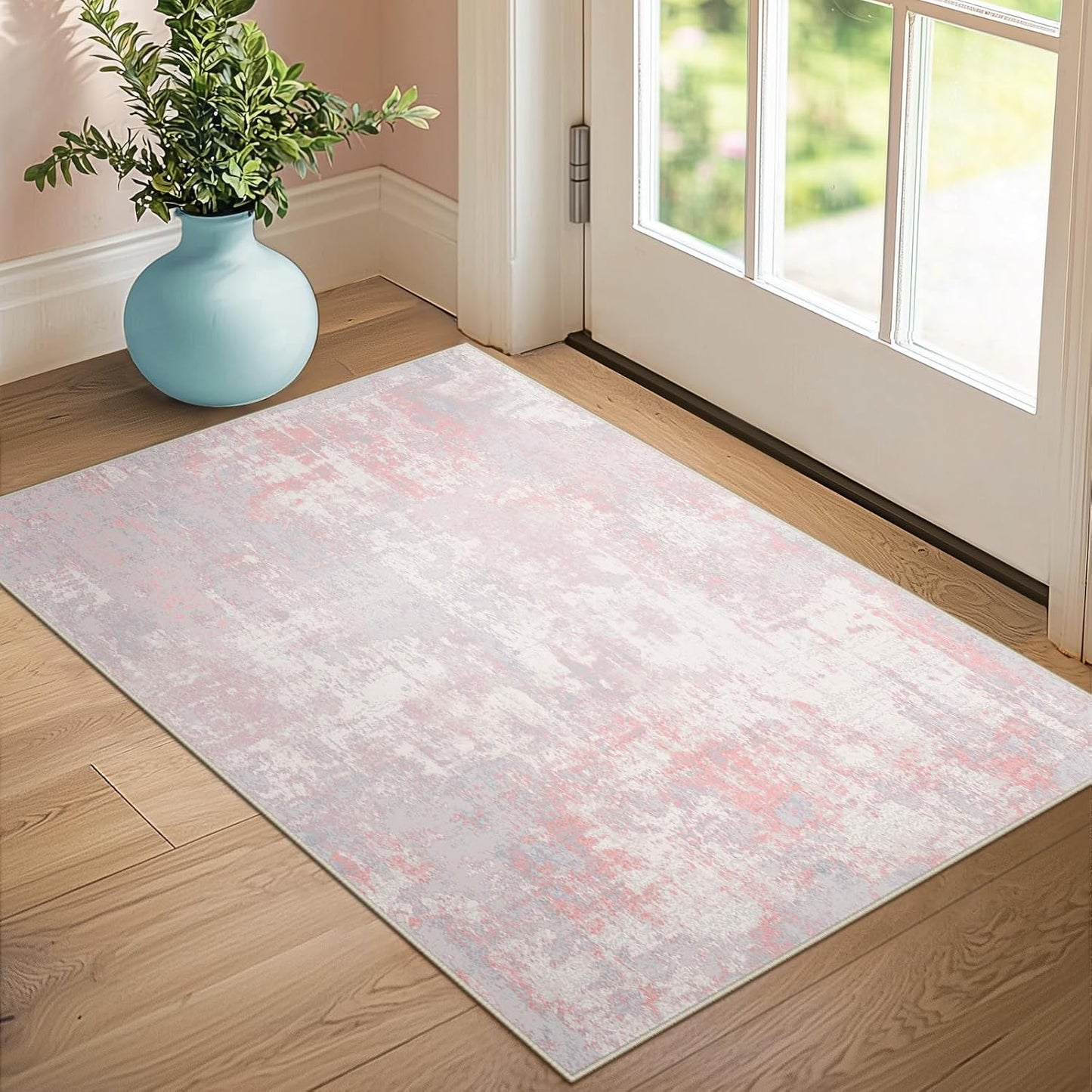 Washable Area Rugs 3'x5' Non-Slip Modern Abstract Soft for Living Room Entryway Bedroom Nursery, Print Pattern, Grey Pink