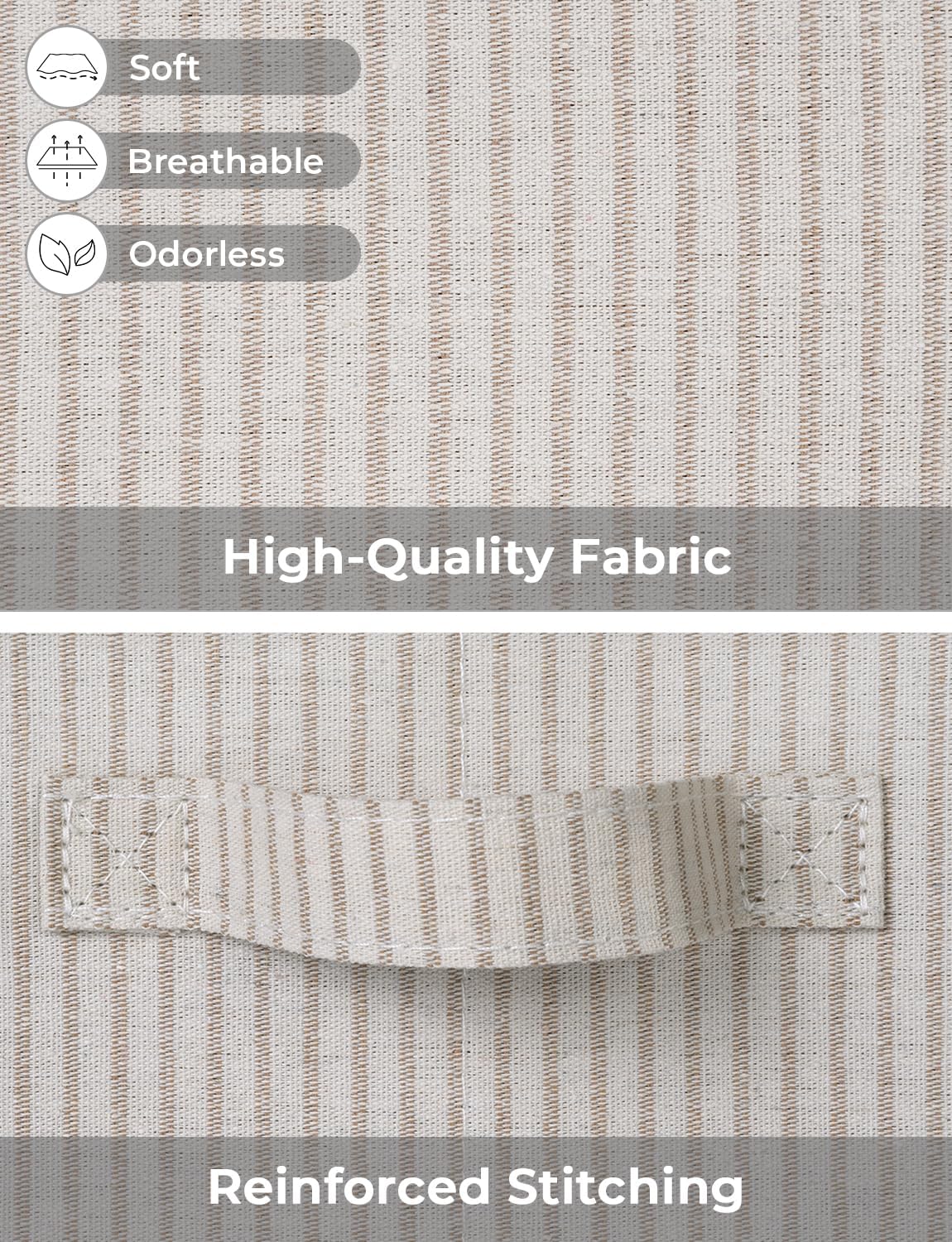 StorageWorks Large Storage Bins with Lids, Decorative Storage Boxes with Lid and Handles, Foldable Storage Baskets for Closet, Shelves, Stackable, Khaki Stripe, 3-Pack