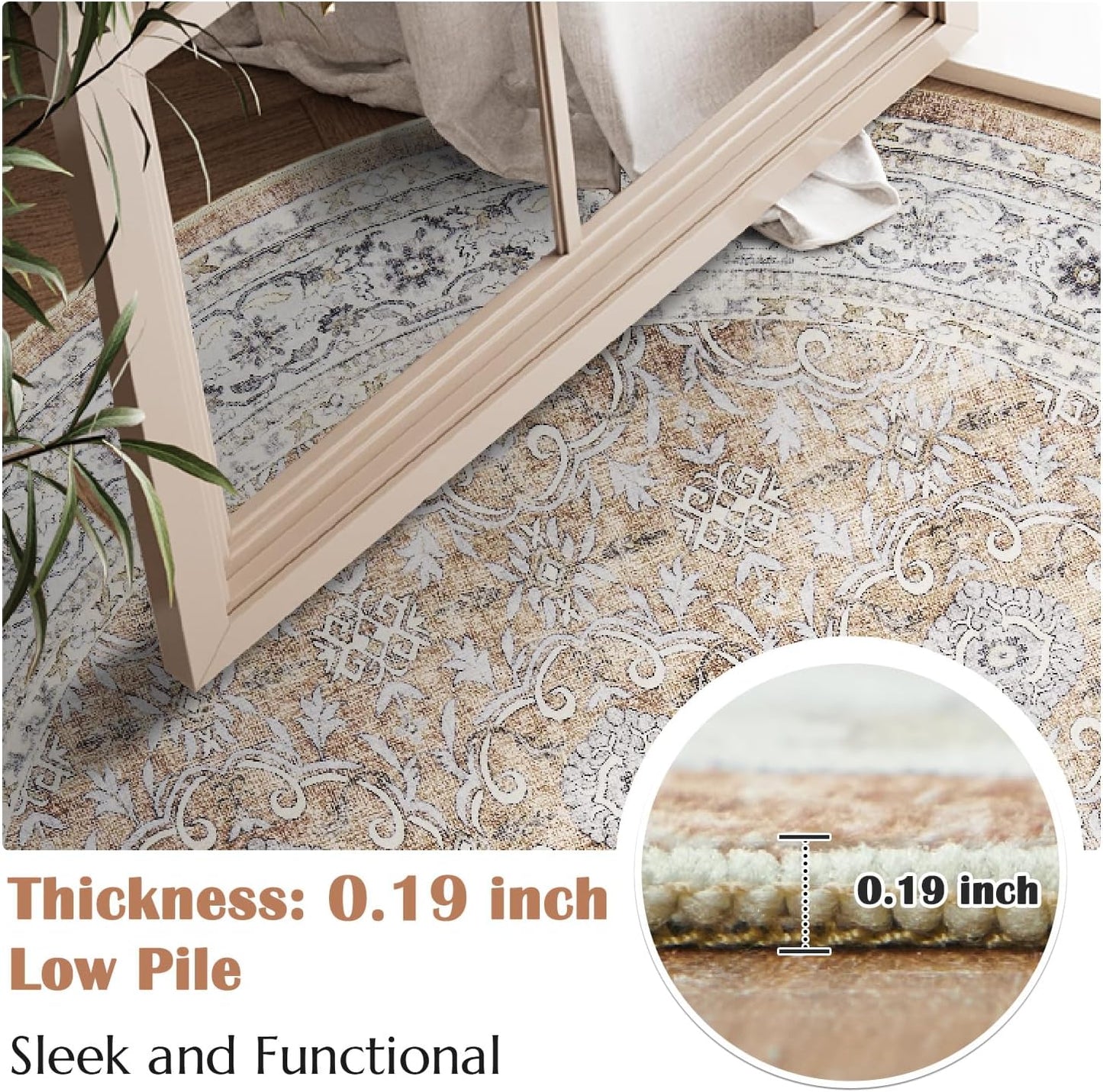 jinchan Round Rug 6ft Washable Circle Soft Rug - Low Pile Vintage 6'Round Indoor Orange Floral Print Stain Resistant Boho Carpet Ultra-Thin Non-Slip for Living Room Nursery Bedroom Dining Room Kitchen