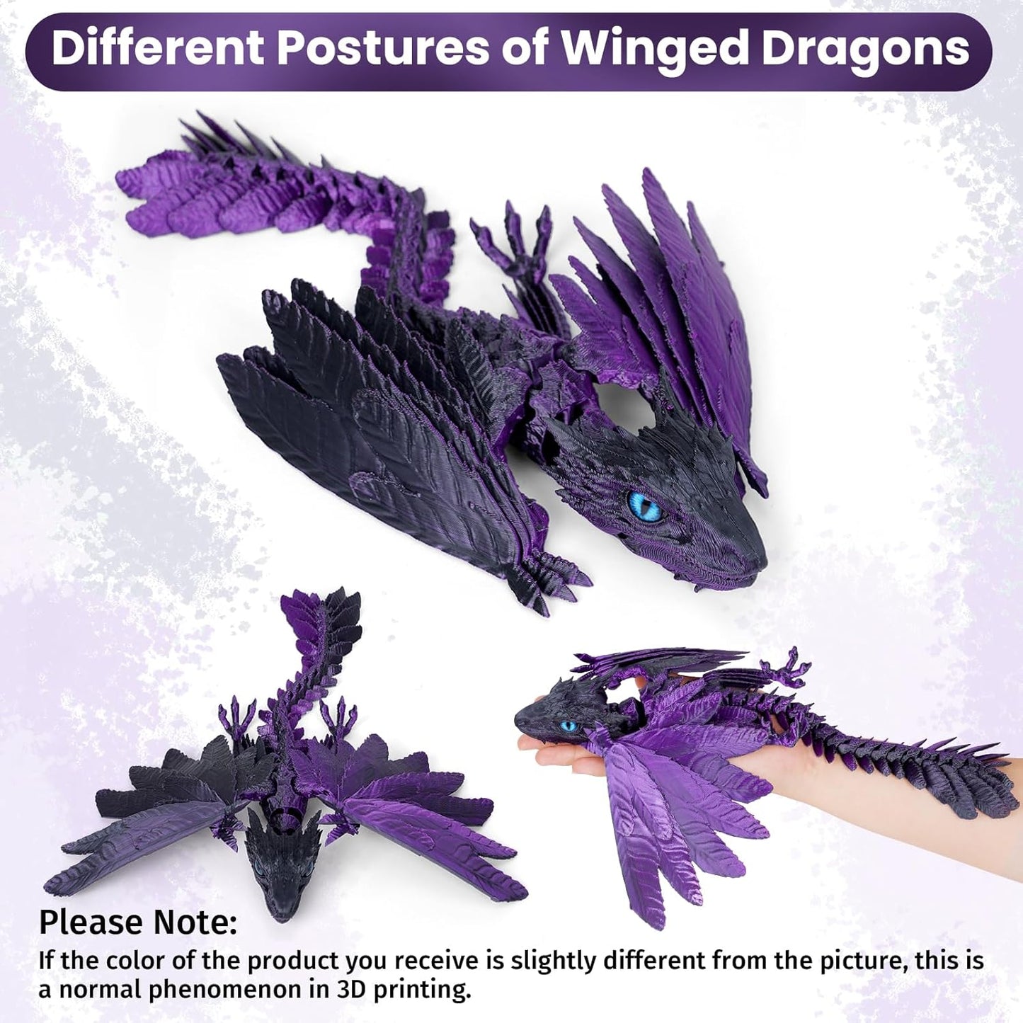 3D Printed Dragon with Wings, Feathered Wyvern Dragon,Full Articulated Crystal Dragon Fidget,Realistic Large Pet Dragon, Flexible Shoulder Dragon Stuff, 3D Printed Animals Toy.