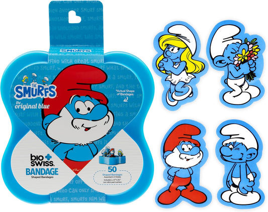 BioSwiss Bandages, The Smurfs Classic Shaped Self Adhesive Bandage, Latex Free Sterile Wound Care, Fun First Aid Kit Supplies for Kids and Adults, 50 Count Plastic Case
