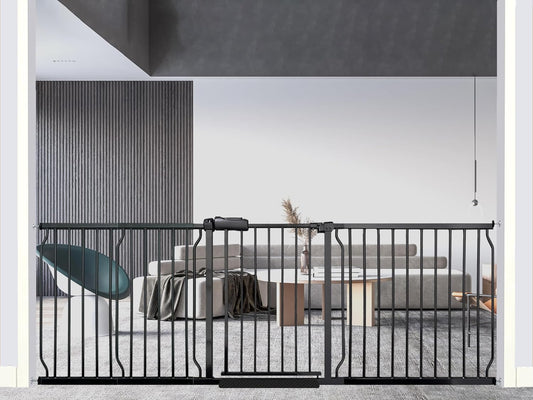 Heavy Duty Baby & Dog Safety Gate, Extra Wide 85.8-90.5 Inch,Black Metal, Pressure Mounted No Drilling Pet Gate for Large Openings