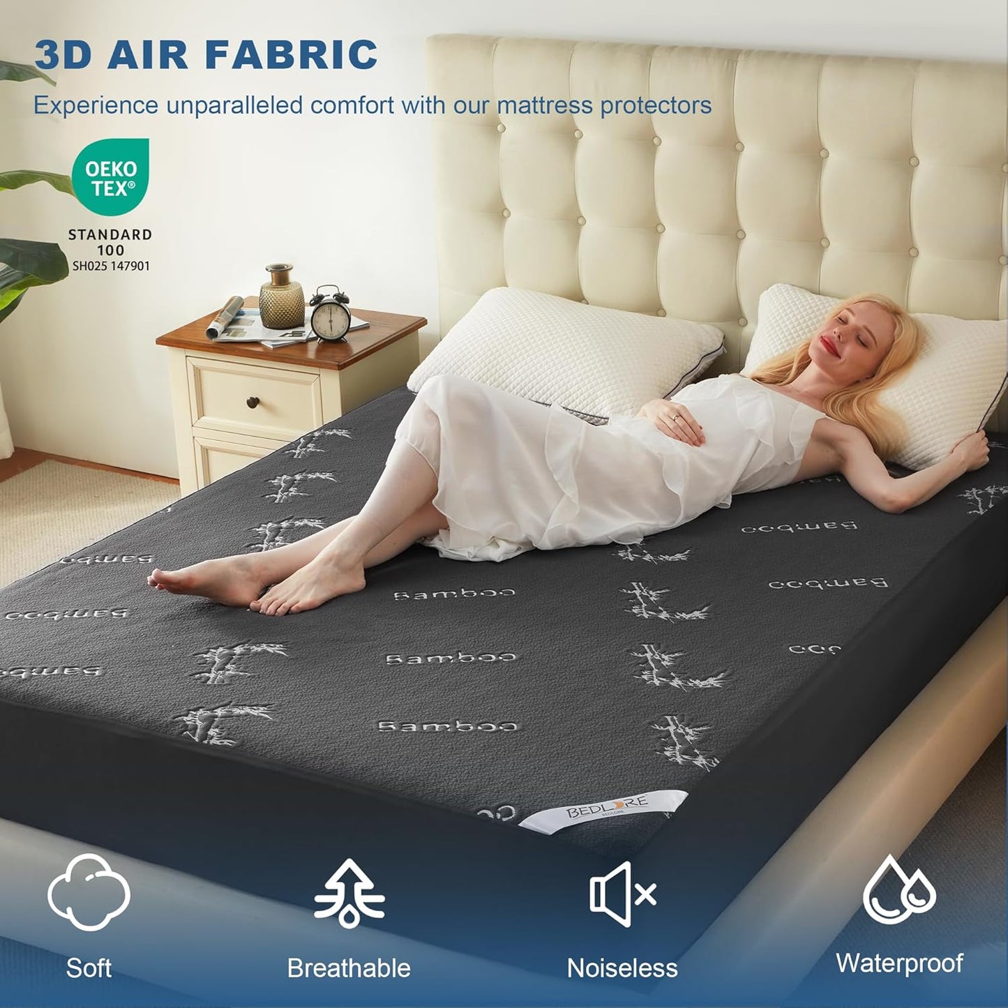 BEDLORE Full Size Mattress Protector Waterproof, Mattress Pad Fitted 6-15 Inch Deep Pocket, 3D Air Fabric Soft Double Bed Mattress Cover Noiseless Washable for Home, College Dorm, Gray