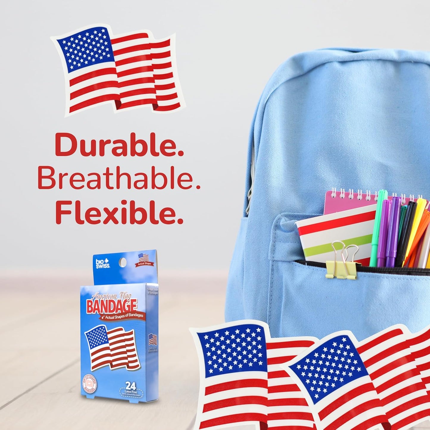 BioSwiss Bandages, American Flag Shaped Self Adhesive Bandage, Latex Free Wound Care, Fun First Aid Kit Supplies for Kids and Adults, 24 Count