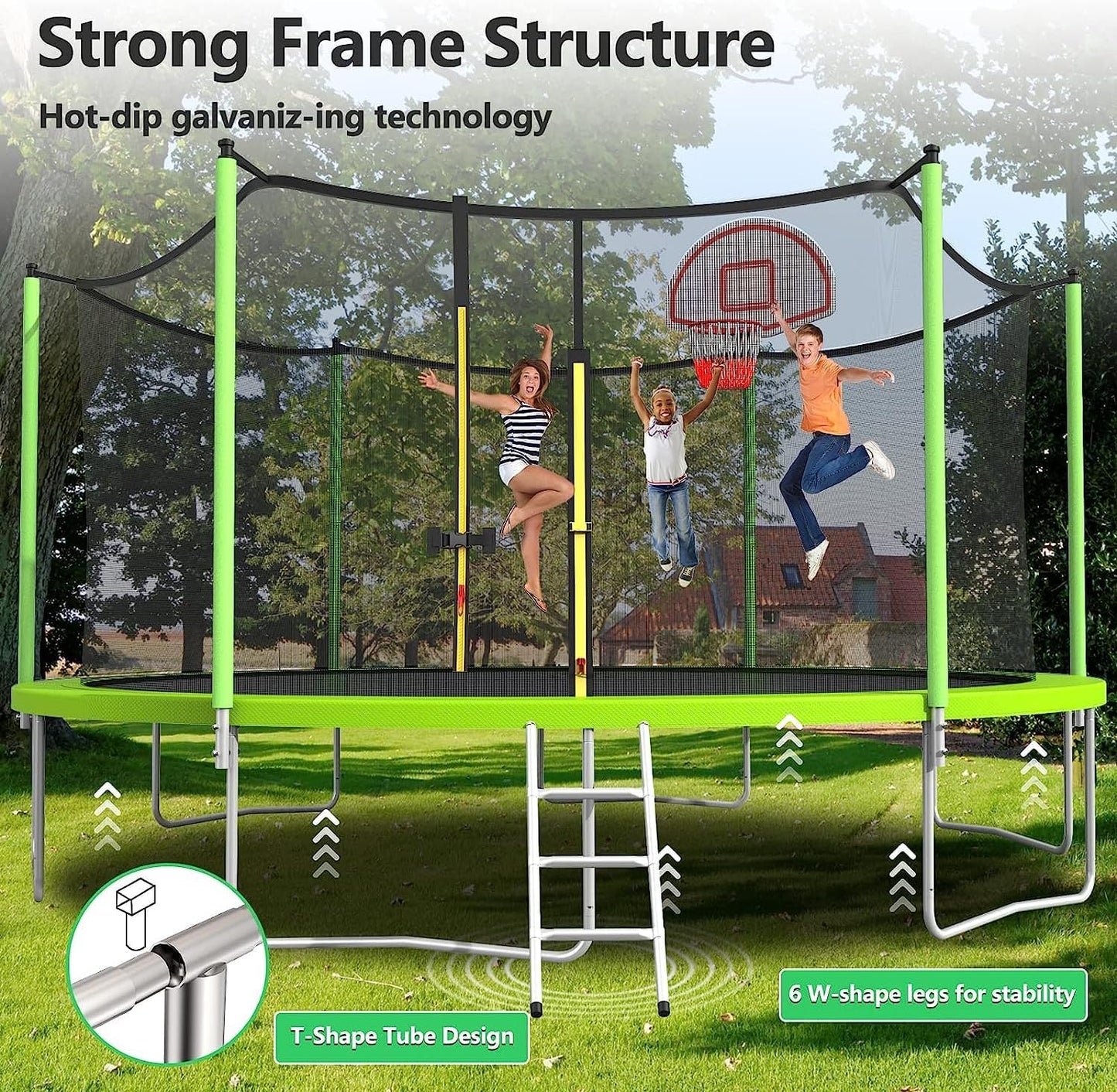 Upgraded 10/12/14/15/16FT Trampoline Outdoor, Large Kids Trampoline with Light, Stakes, Sprinkler, Backyard Trampoline with Basketball Hoop and Net, Capacity for 4-6 Kids and Adults