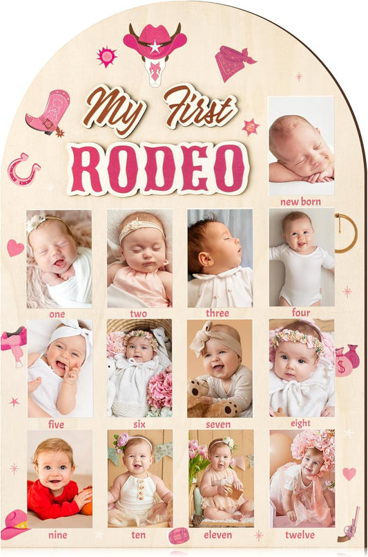 R HORSE My First Year Photo Frame Board, 3D Western Cowgirl Birthday Decorations Display Wood Board, Baby First Year Picture Frame 12 Months Milestone 1st Birthday Nursery Decor Gift for Girl