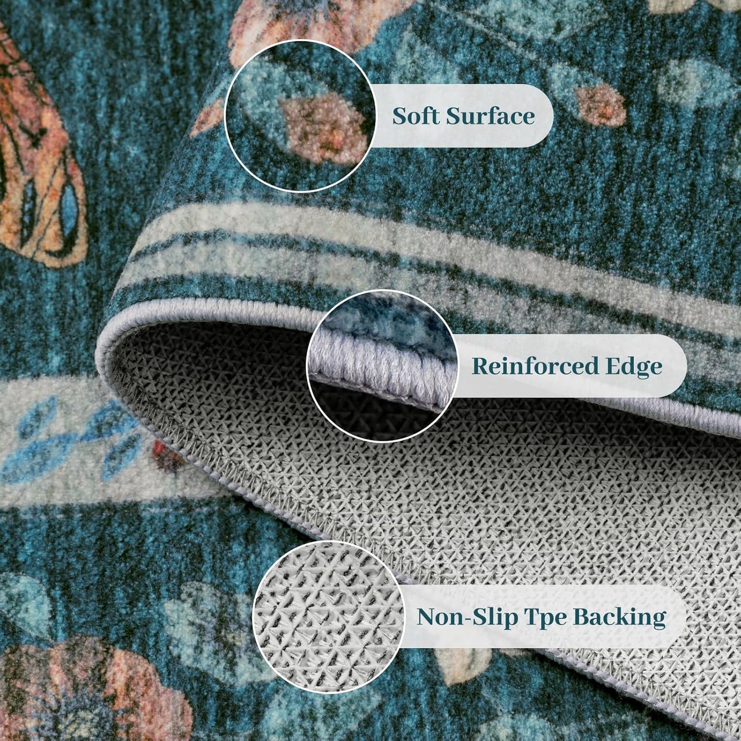 4ft Washable Round Rug - Bug Rugs for Living Room Non-Slip Low Pile Soft Ultra-Thin Machine Washable Circle Carpet for Bedroom, Entryway, Nursery, Kitchen, Home Office (4' Round Teal)