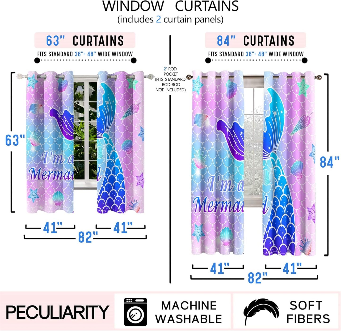 Mermaid Curtain Panels for Girls Room 2Pcs, Pink Cartoon Blackout Curtains 84 inch Length for Girls Bedroom Nursery Room Grommet Top Thermal Insulated Curtains, Dinosaur Print, 82" x 84"
