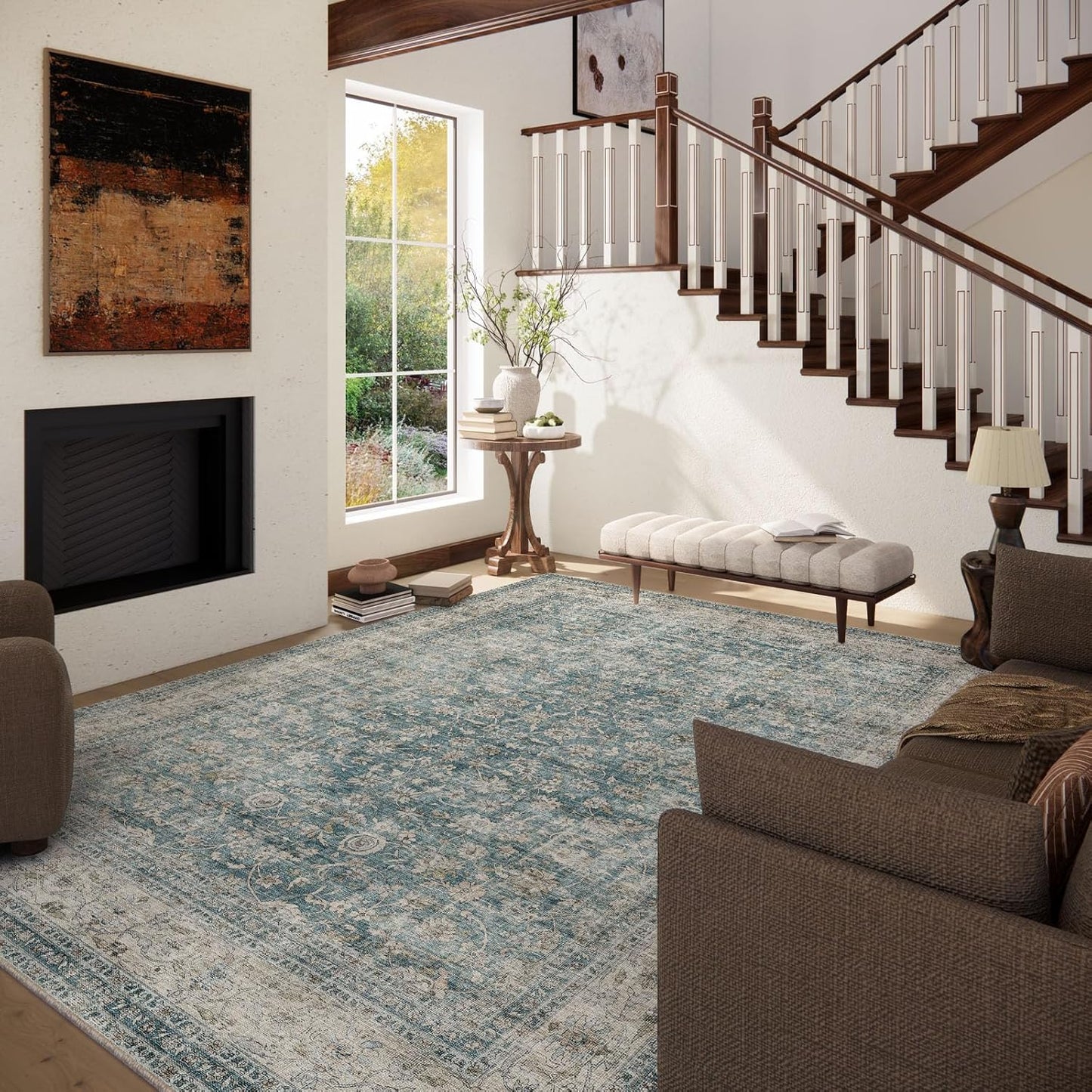 Machine Washable Living Room Rug: 5x7 Area Rugs for Bedroom Vintage Stain Resistant Non Slip Low Pile Lightweight Boho Carpet for Kitchen Dining Room Farmhouse Kids Room Nursery