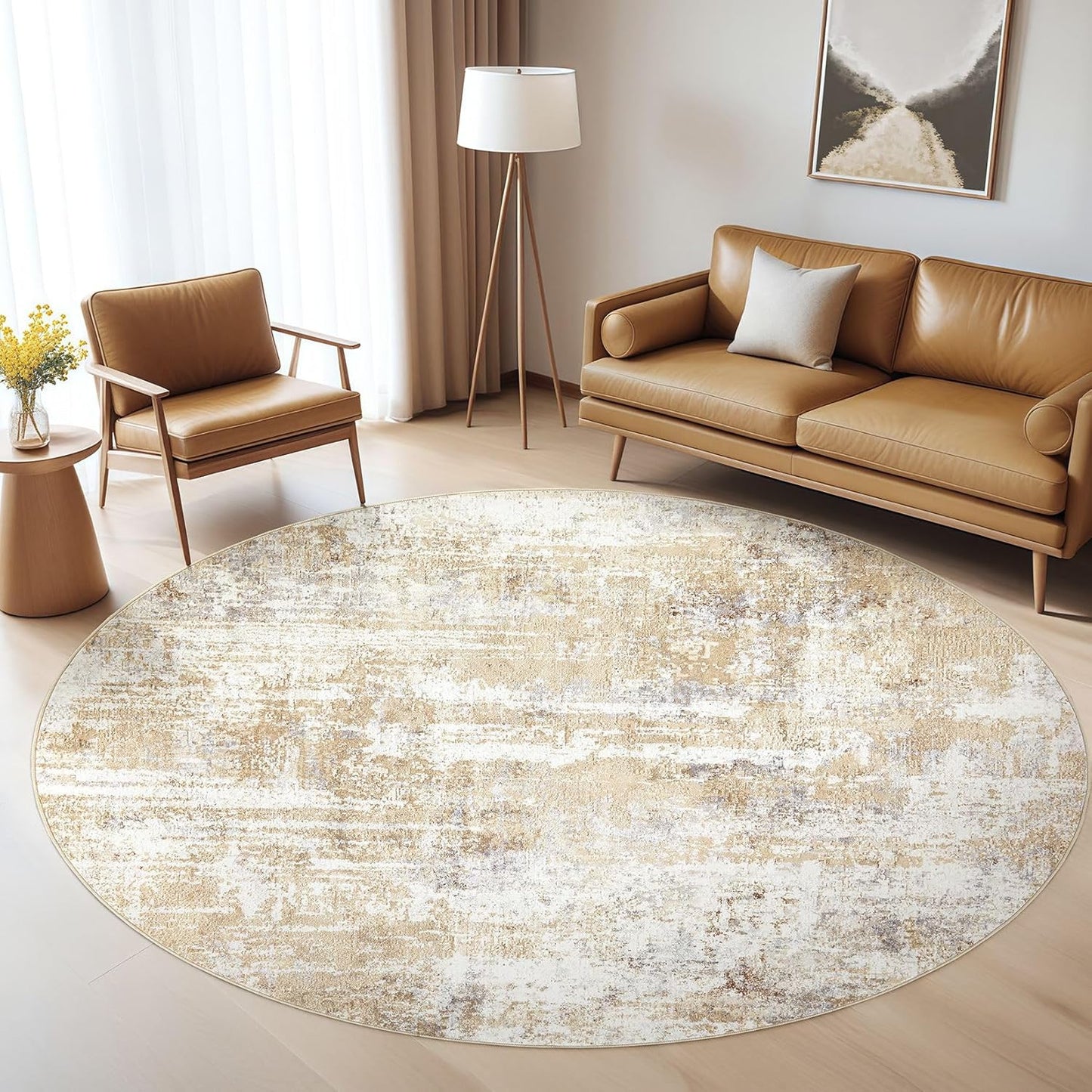 Round Rug Living Room Rugs: 6Ft Washable Circle Large Abstract Modern Soft Stain Resistant Non Slip Indoor Floor Carpet for Bedroom Nursery Office Dining Room Dorm Home House Decor- Gray Gold