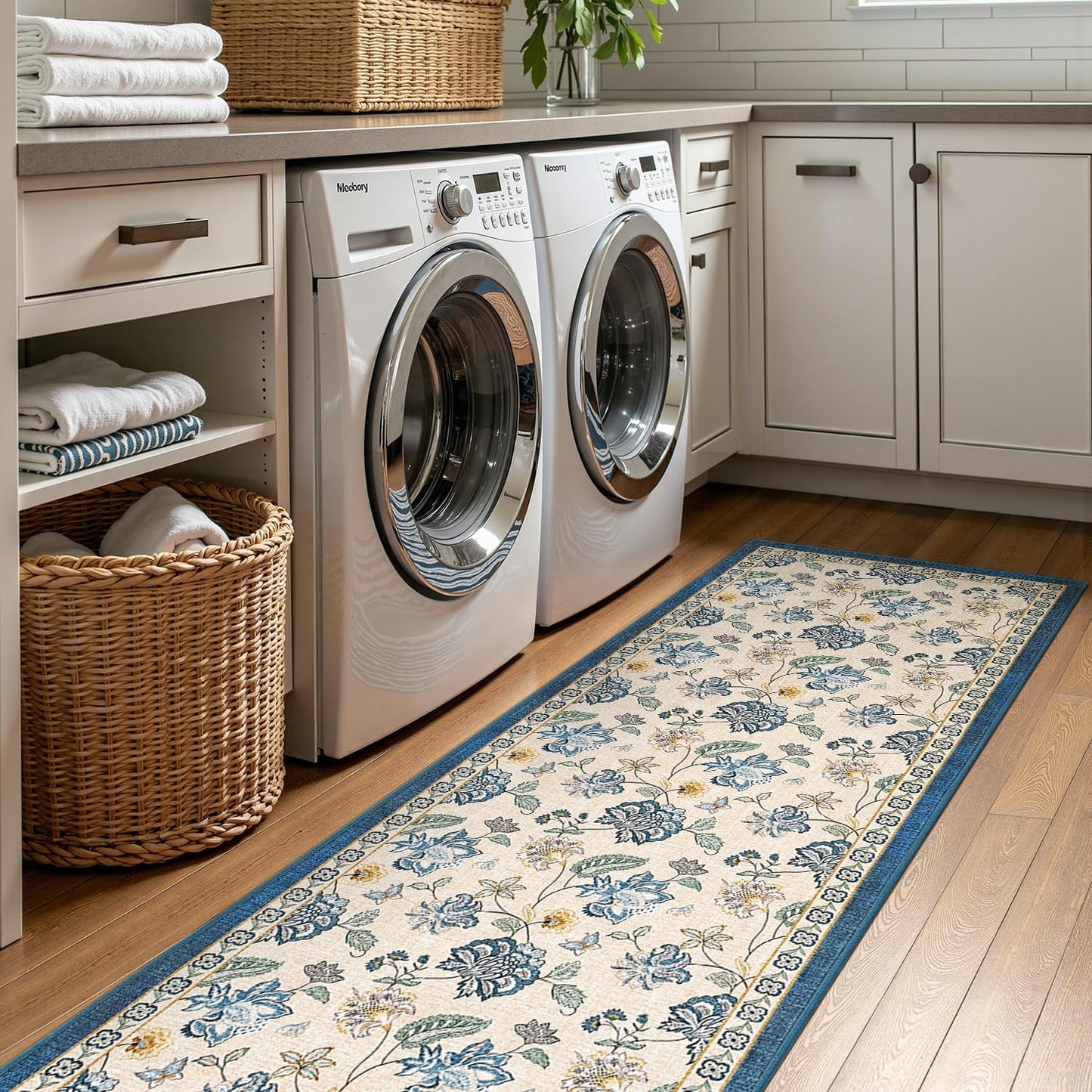 jinchan 3x8 Floral Runner Rug for Hallway Washable Kitchen Runner Vintage Romance Design Non Slip Thin Indoor Floor Cover Low-Profile Throw Carpet for Entryway Bathroom Bedroom Porch, Blue/Beige
