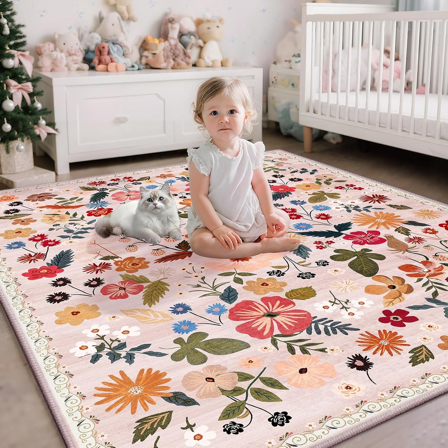 Beige 3x5 Area Rugs for Bedside Machine Washable Boho Floral Small Carpet Rugs Soft Non-Slip Low Pile Faux Fur Cream Farmhouse Aesthetic Rug for Living Room Entrance Bedroom Patio Office