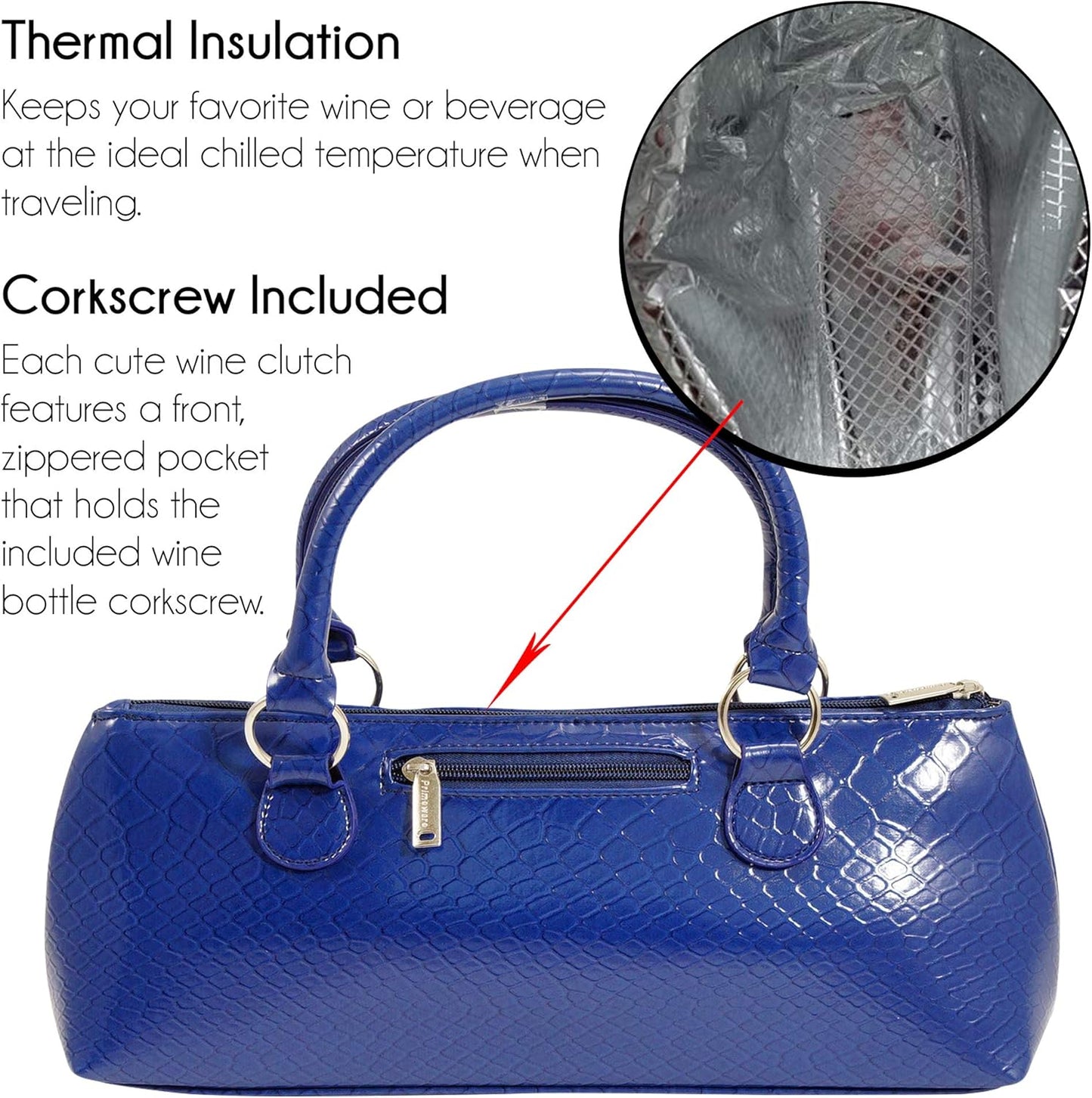 Wine Clutch Bag (Thermal Insulated) Trendy Women’s Carry Tote | Holds Red & White 750mL Bottles | Trendy Fashion | Incl. Portable Waiter-Style Corkscrew (Blue Burmese)