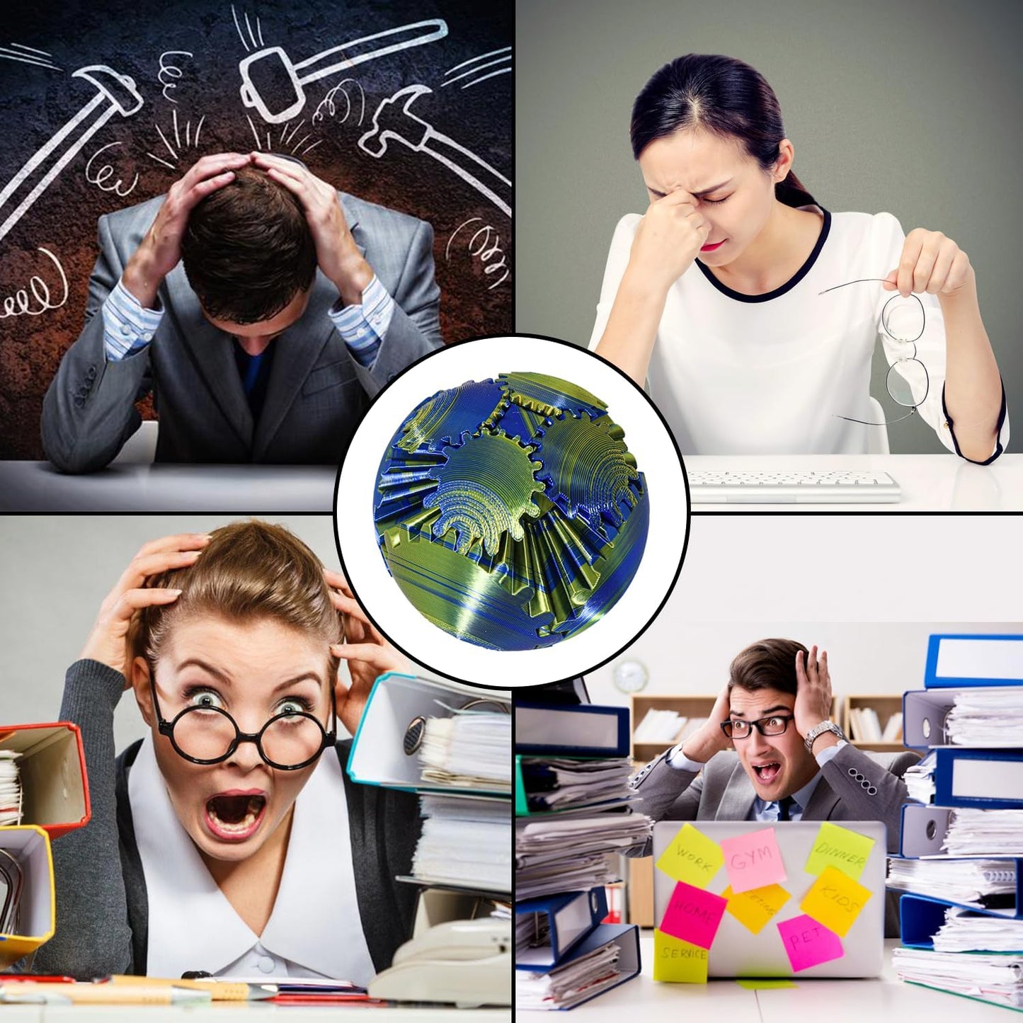 Gear Ball 3D Printed Gear Ball Fidget Toy, Spin Ball or Cube Fidget Toy ,Stress Ball Gear Sphere Desk Toy for Stress Anxiety (Blue+Yellow)