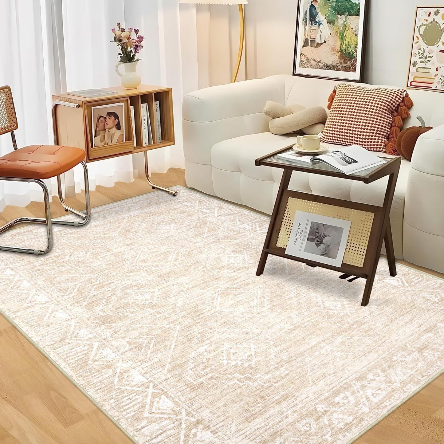 Vintage Moroccan Trellis Area Rug - 3x5 Machine Washable Boho Geometric Farmhouse Rugs Neutral Stain Resistant Non Slip Indoor Carpet for Entrance Bedroom Dining Room Nursery Home Office (3x5, Beige)