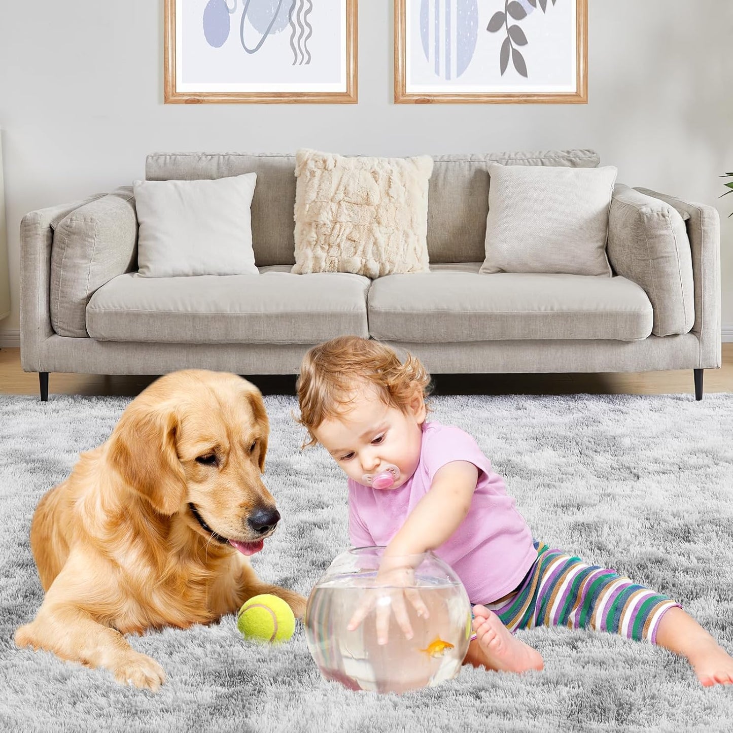 Ultra Soft Area Rugs for Living Room, 5x7 Tie-Dyed Light Grey Fluffy Plush Rugs for Bedroom, Non-Slip Floor Carpet for Nursery, Bedside, Playroom, Corridor, Indoor Decor